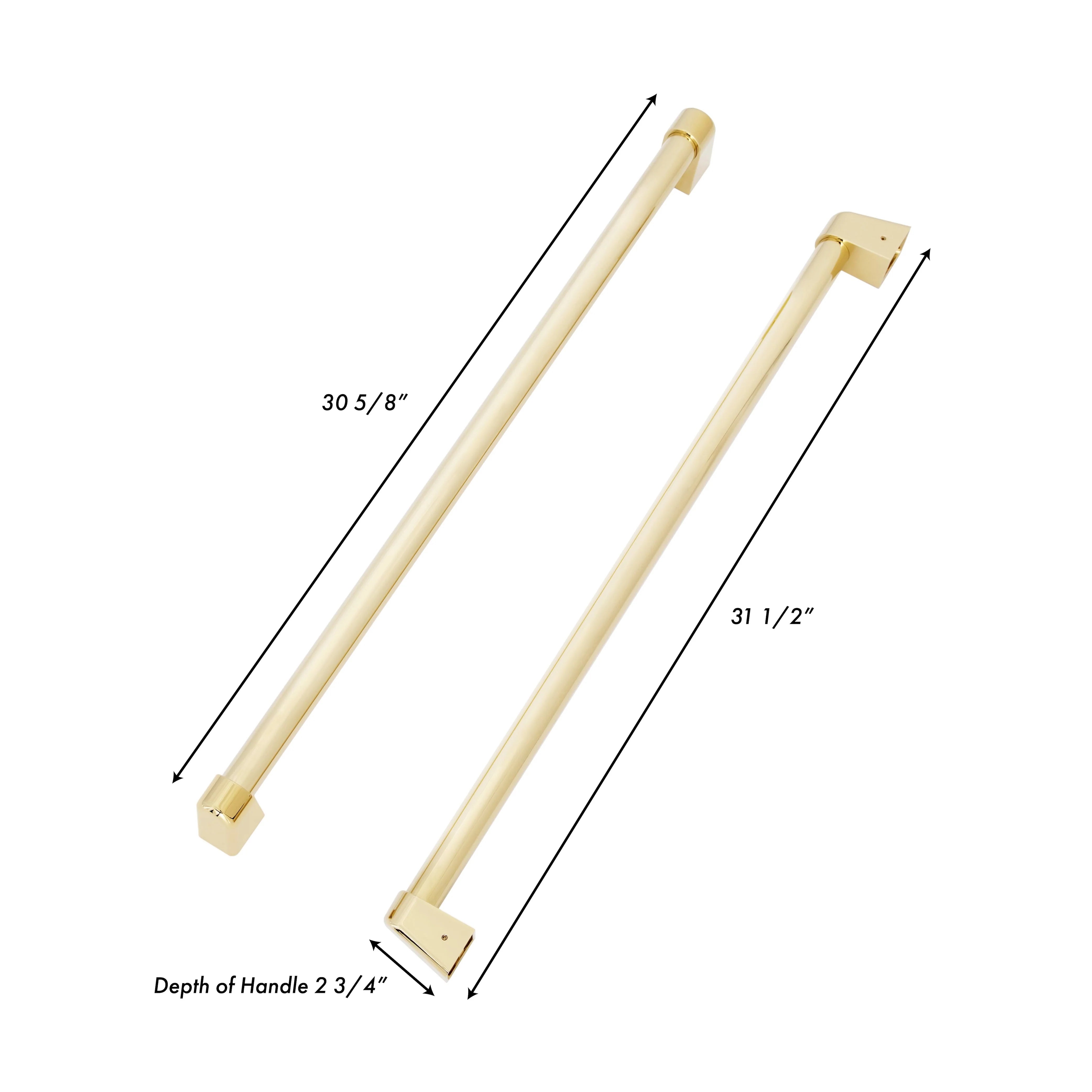 Polished gold traditional refrigerator handles set with mounting brackets and size measurements