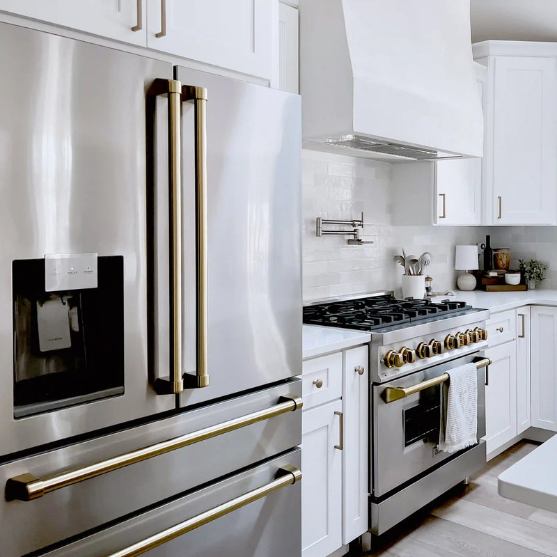 ZLINE 4-Piece Appliance Package - 48-Inch Dual Fuel Range, Hood, Refrigerator with Water Dispenser, and Dishwasher in Stainless Steel with Champagne Bronze Accents