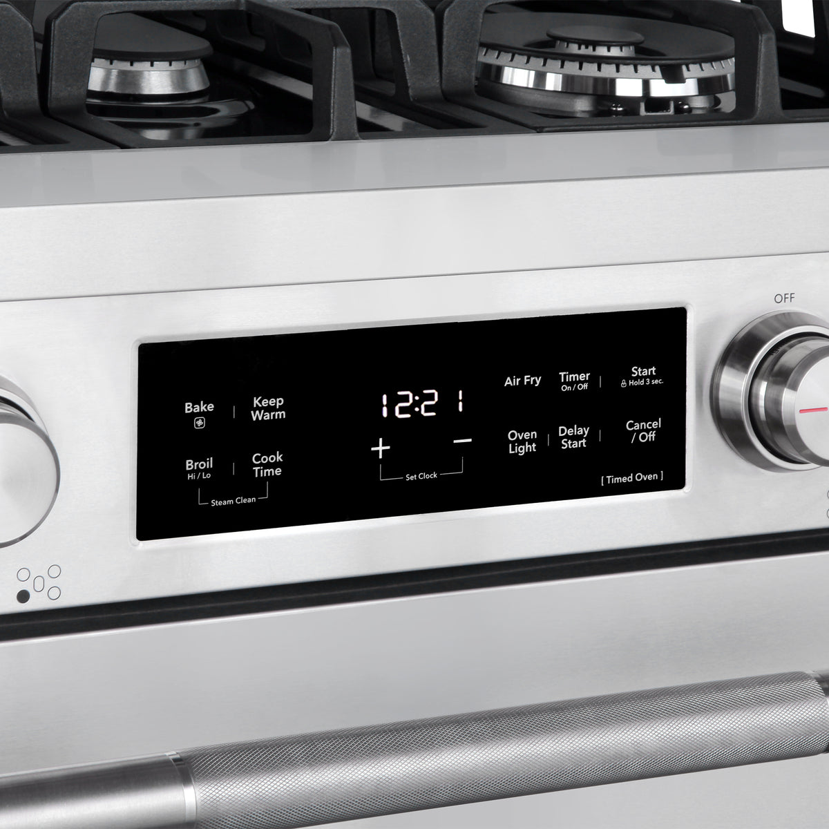 Digital display and metal control knobs on the Cosmo COS-RGS305SS range