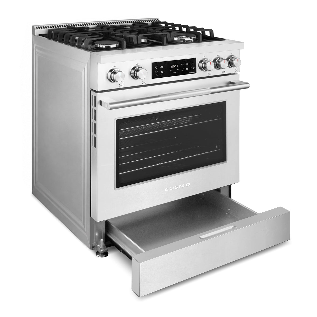 Cosmo COS-RGS305SS gas range with the bottom storage drawer open
