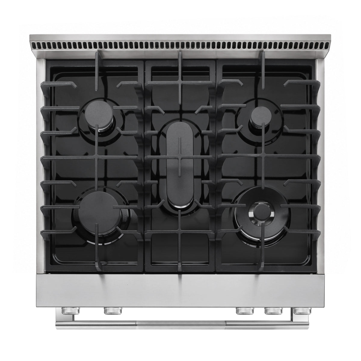 Cosmo COS-RGS305SS five-burner gas cooktop with cast iron grates, overhead view