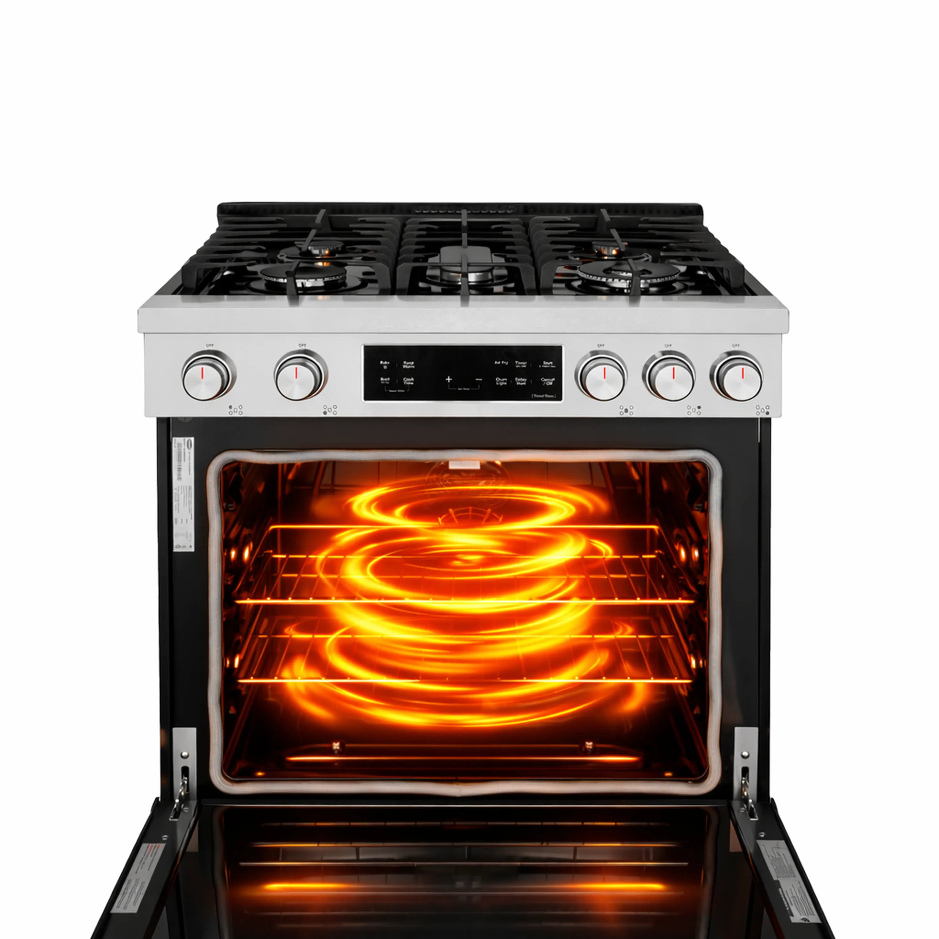 Stainless steel gas oven with glowing burner elements through open door