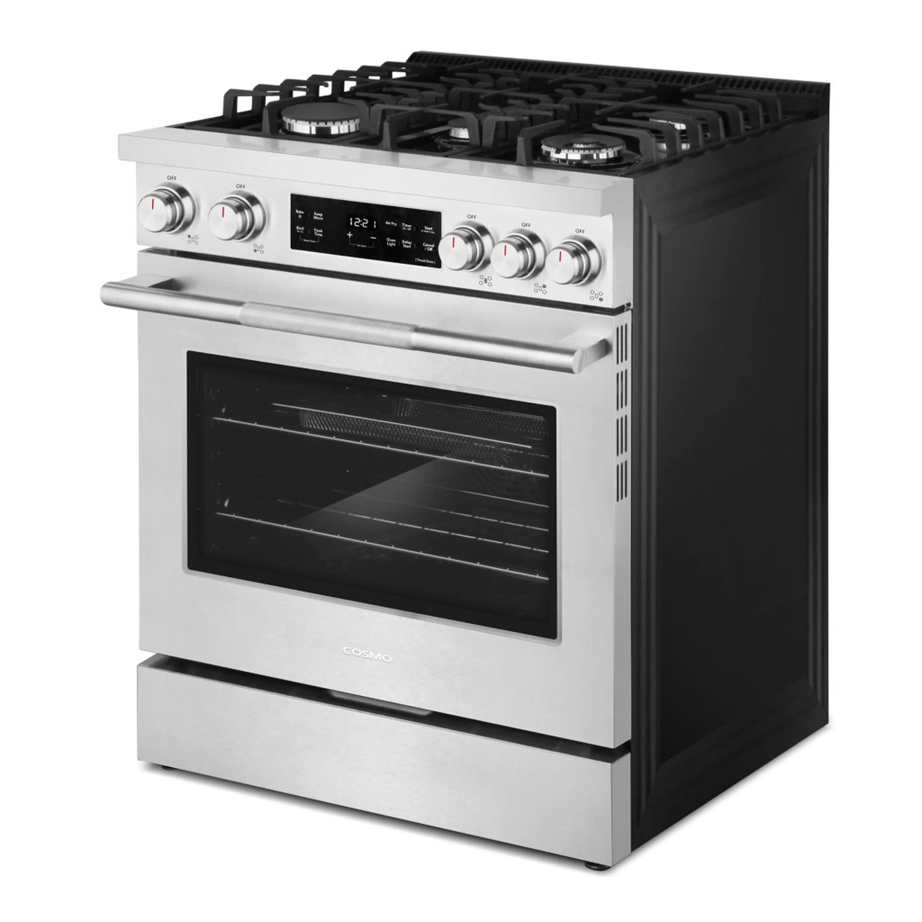 Stainless steel gas range front-side view with oven window and control knobs