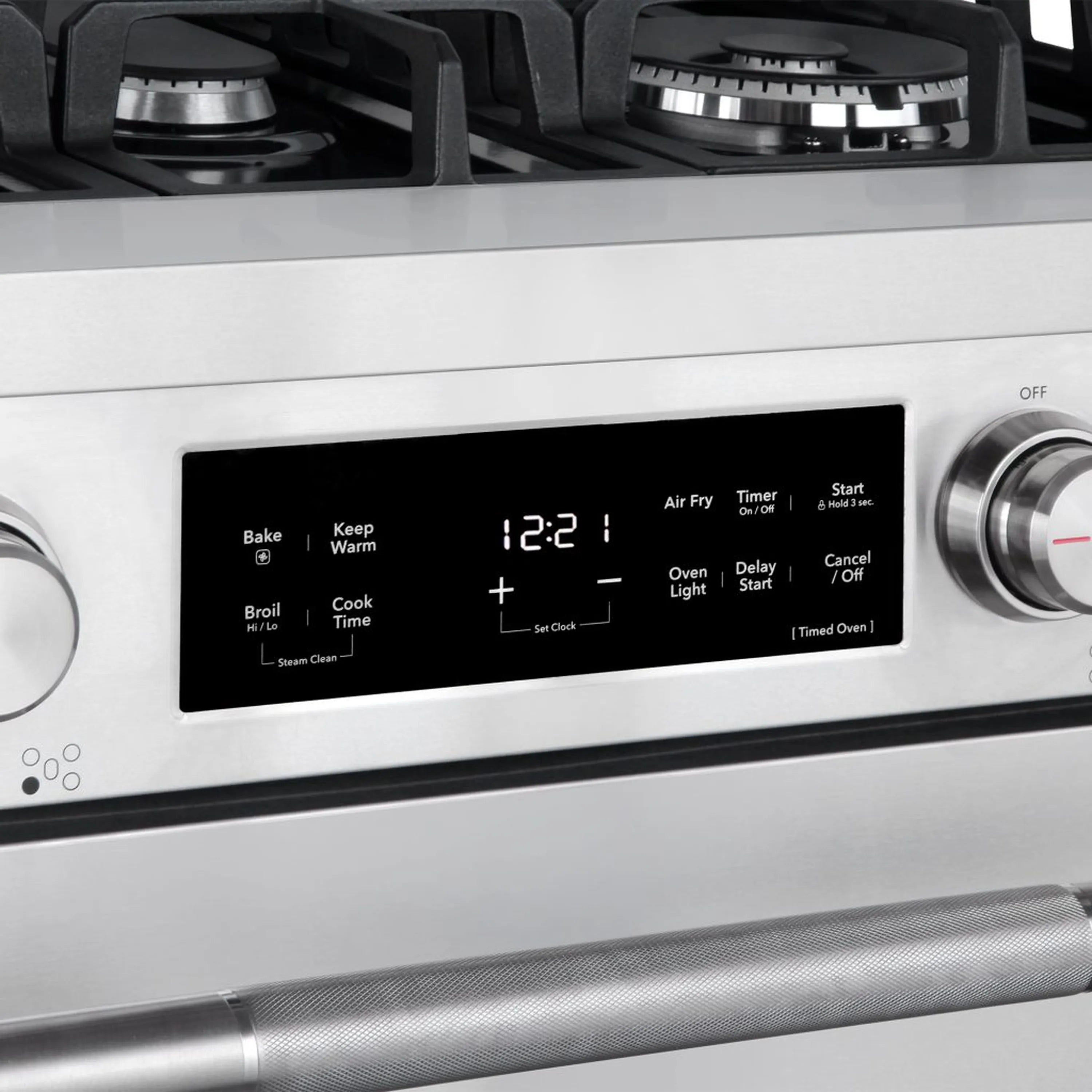 Stainless steel gas range control panel with LCD display and round burner knobs