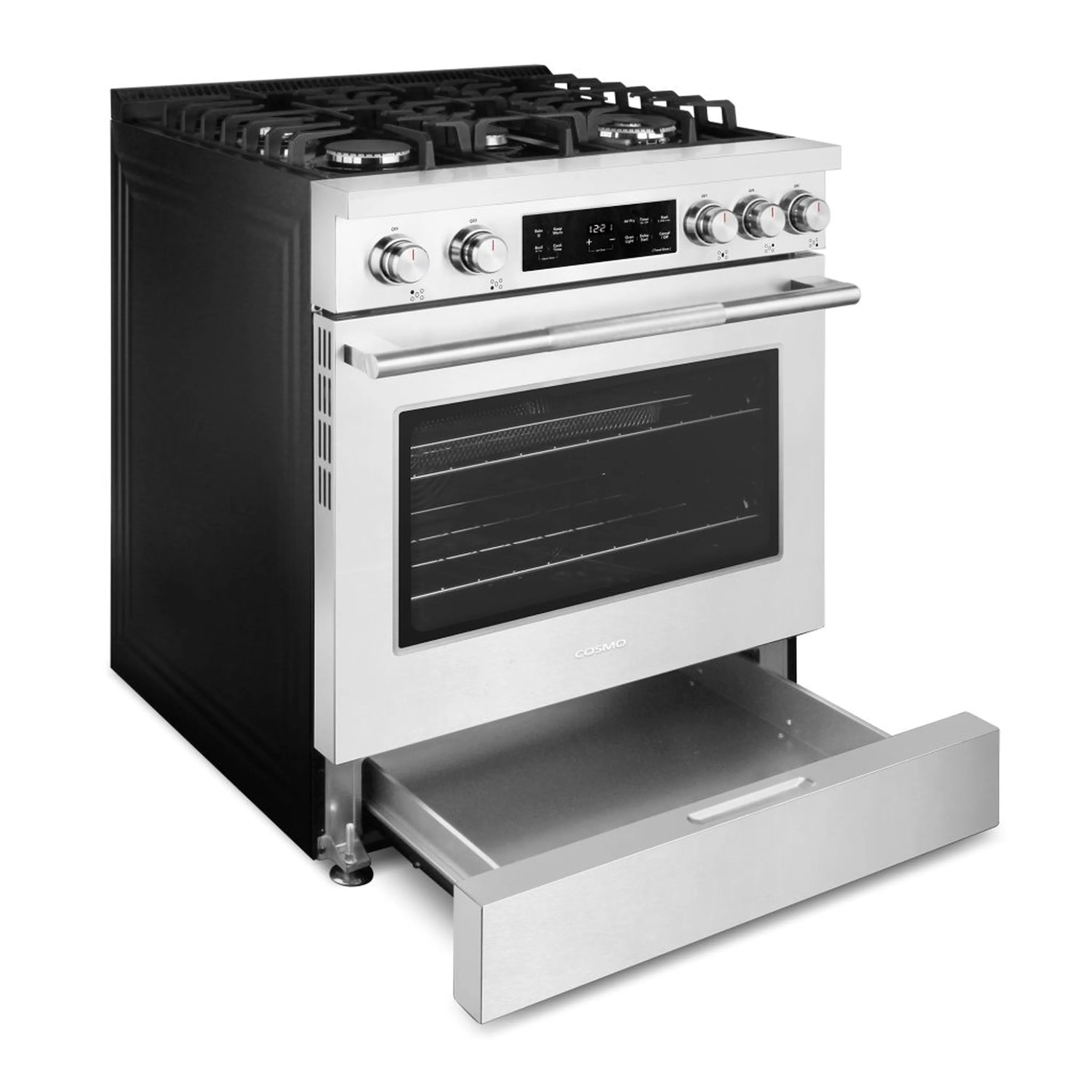 Stainless steel gas oven door open with black interior window and control panel