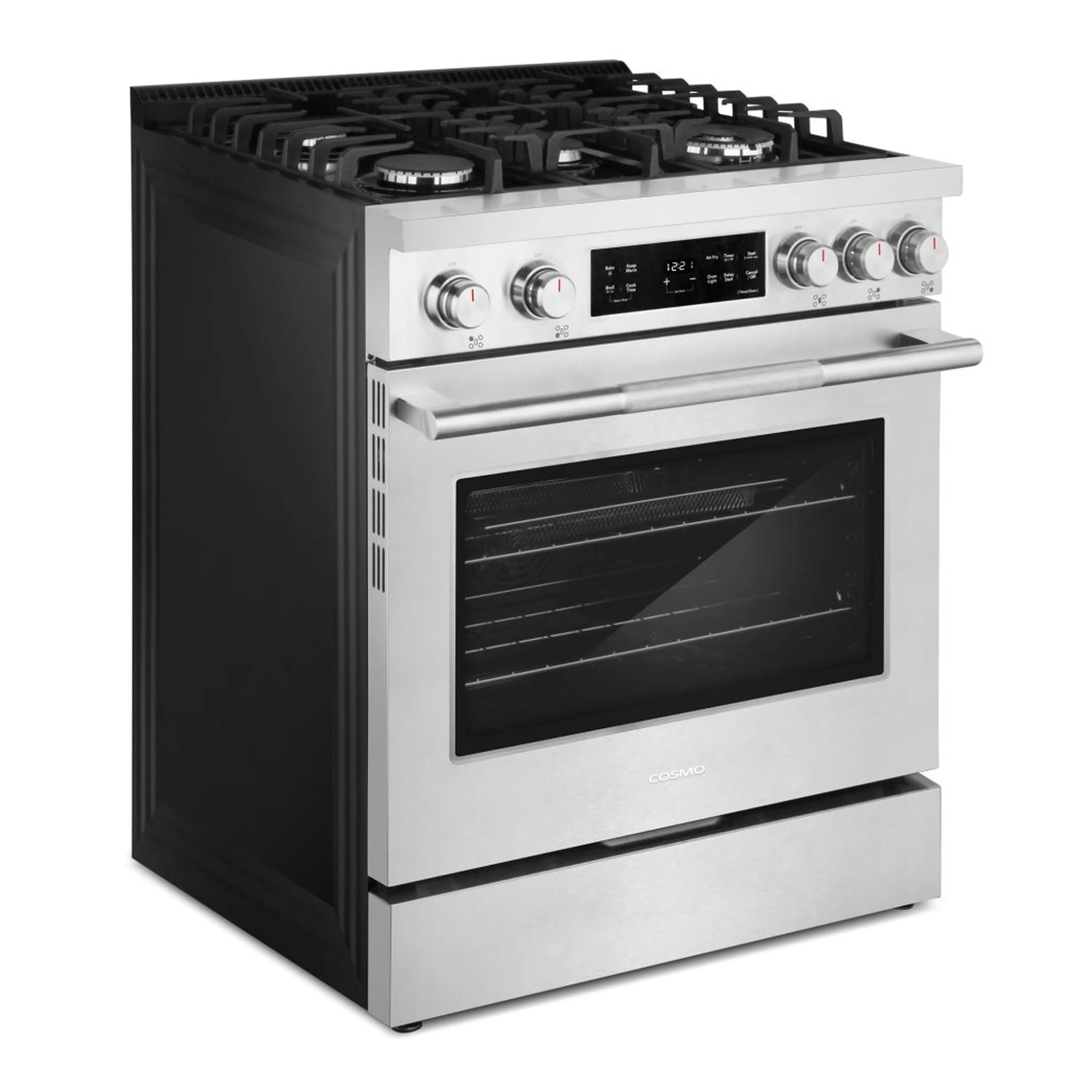 Stainless steel gas range front with oven window, control knobs, and burner grates