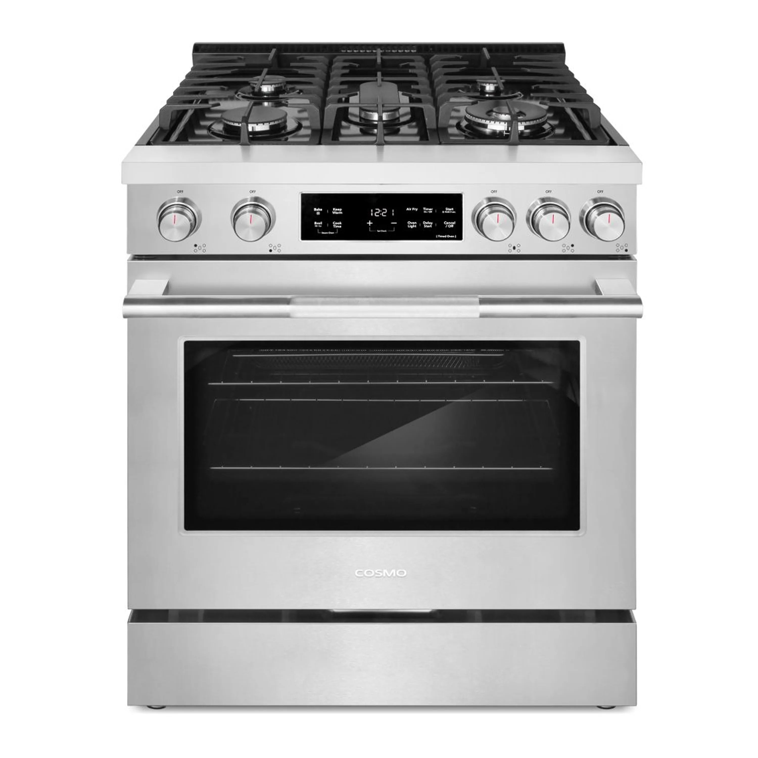 Stainless steel freestanding gas range with four burners and oven door