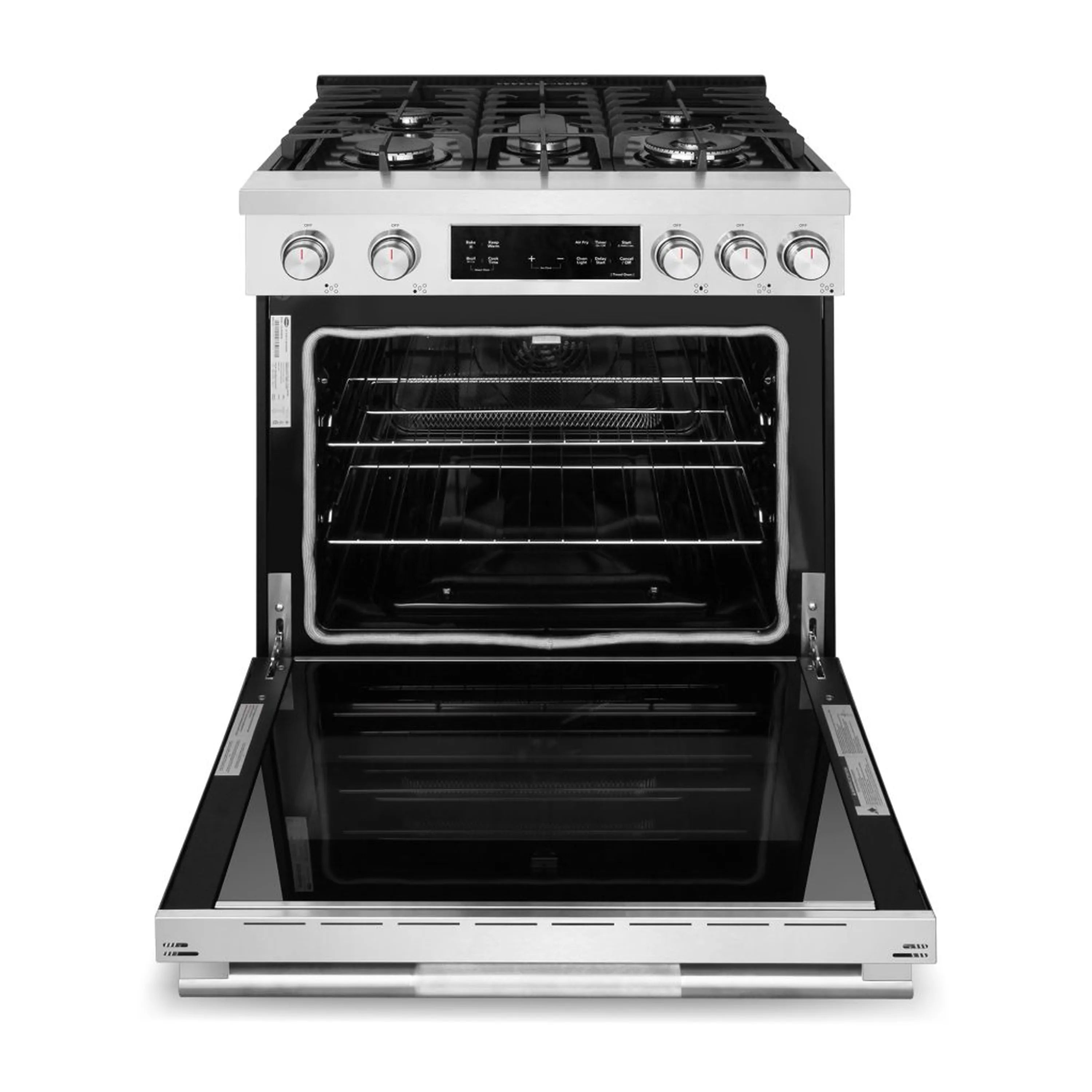 Stainless steel gas range with open oven door and black bake cavity
