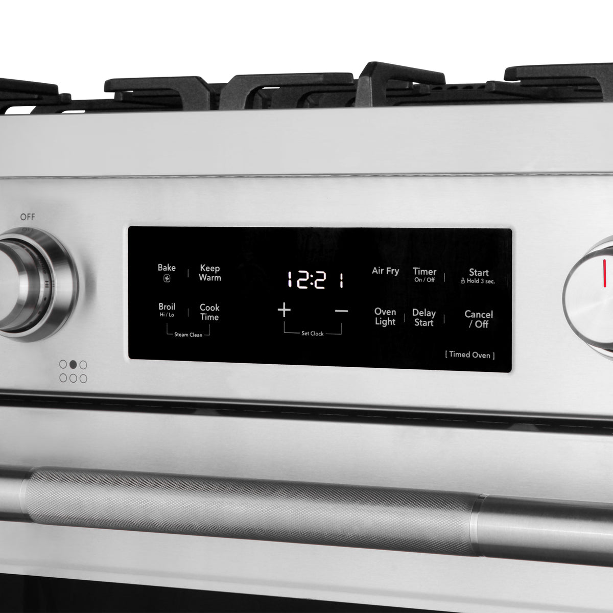 Digital display and metal control knobs on the Cosmo COS-RGS366SS range