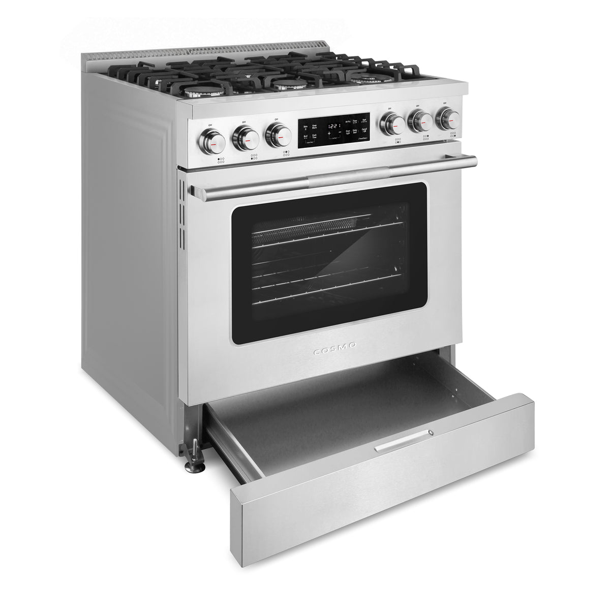 Cosmo COS-RGS366SS gas range with the bottom storage drawer open