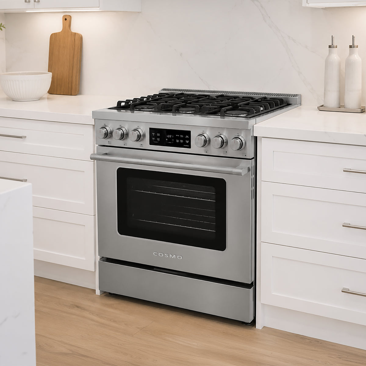 Cosmo COS-RGS366SS 36-inch gas range installed in a modern kitchen