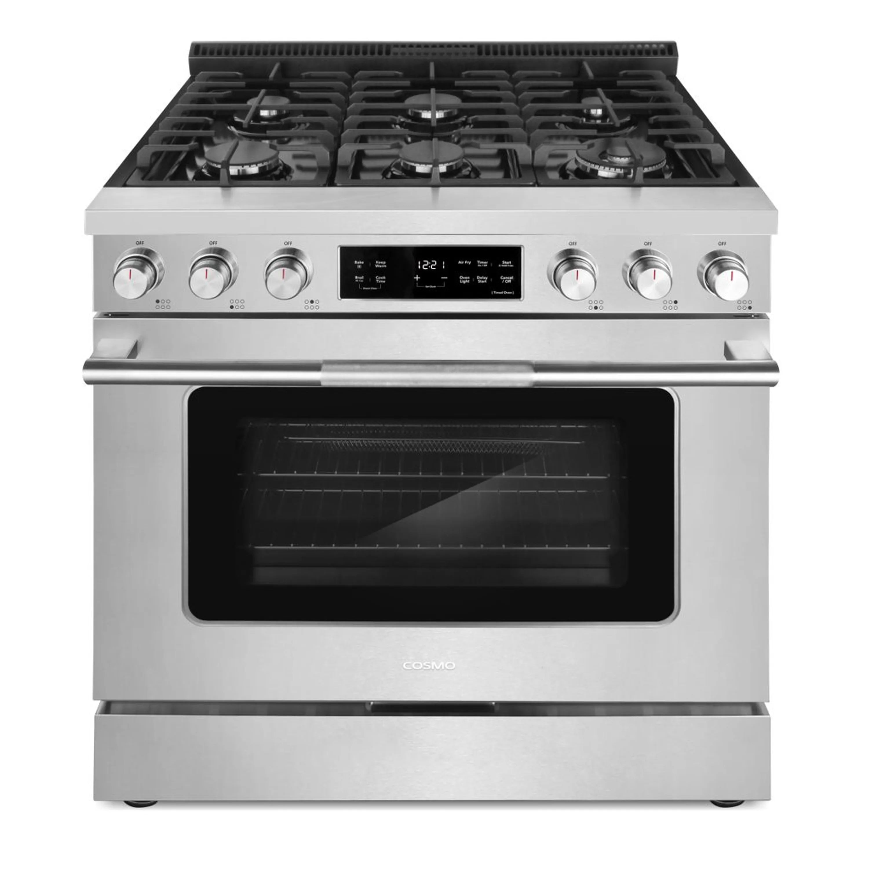 36-inch stainless steel gas range with black griddle grates and oven door window