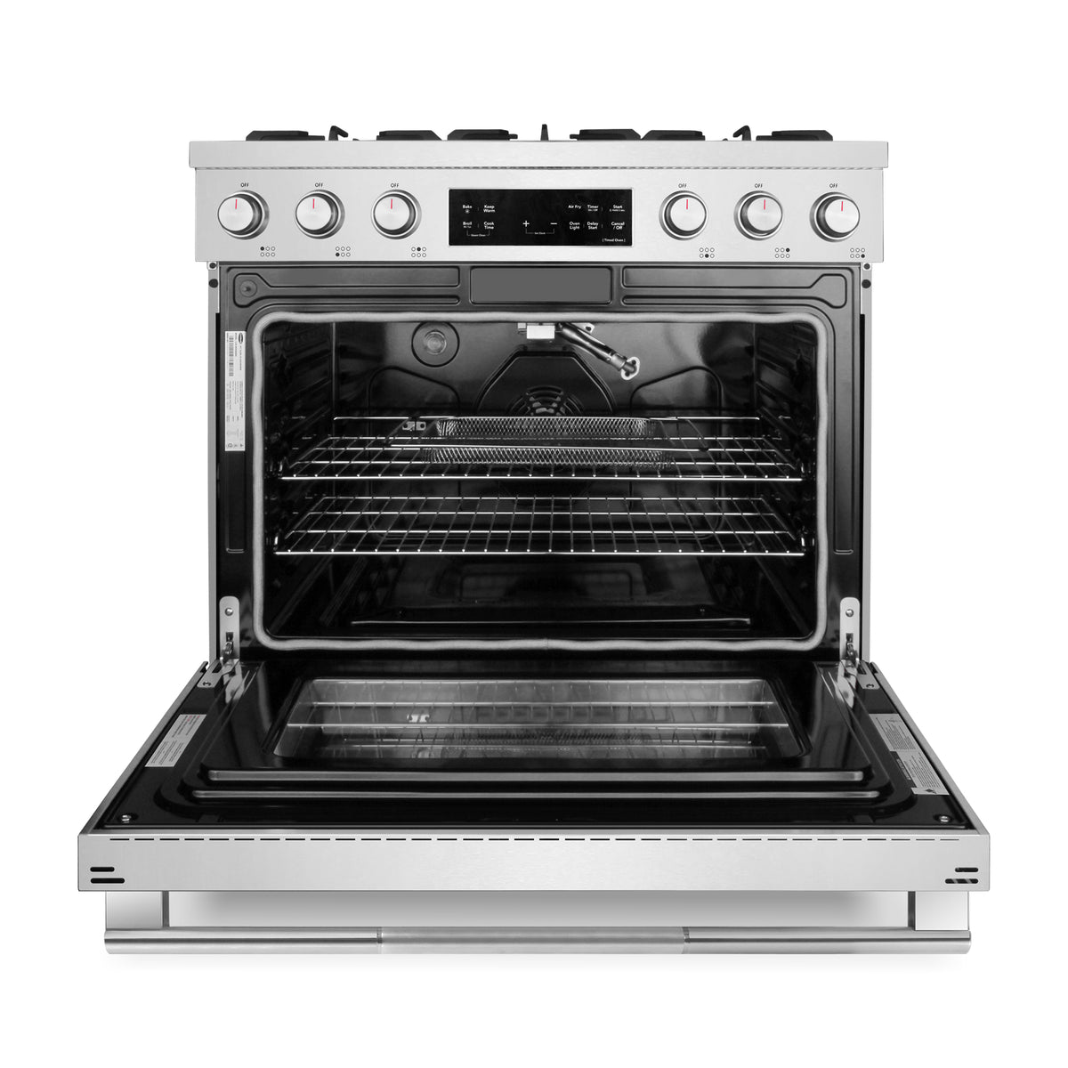 Cosmo COS-RGS366SS gas range with the oven door open