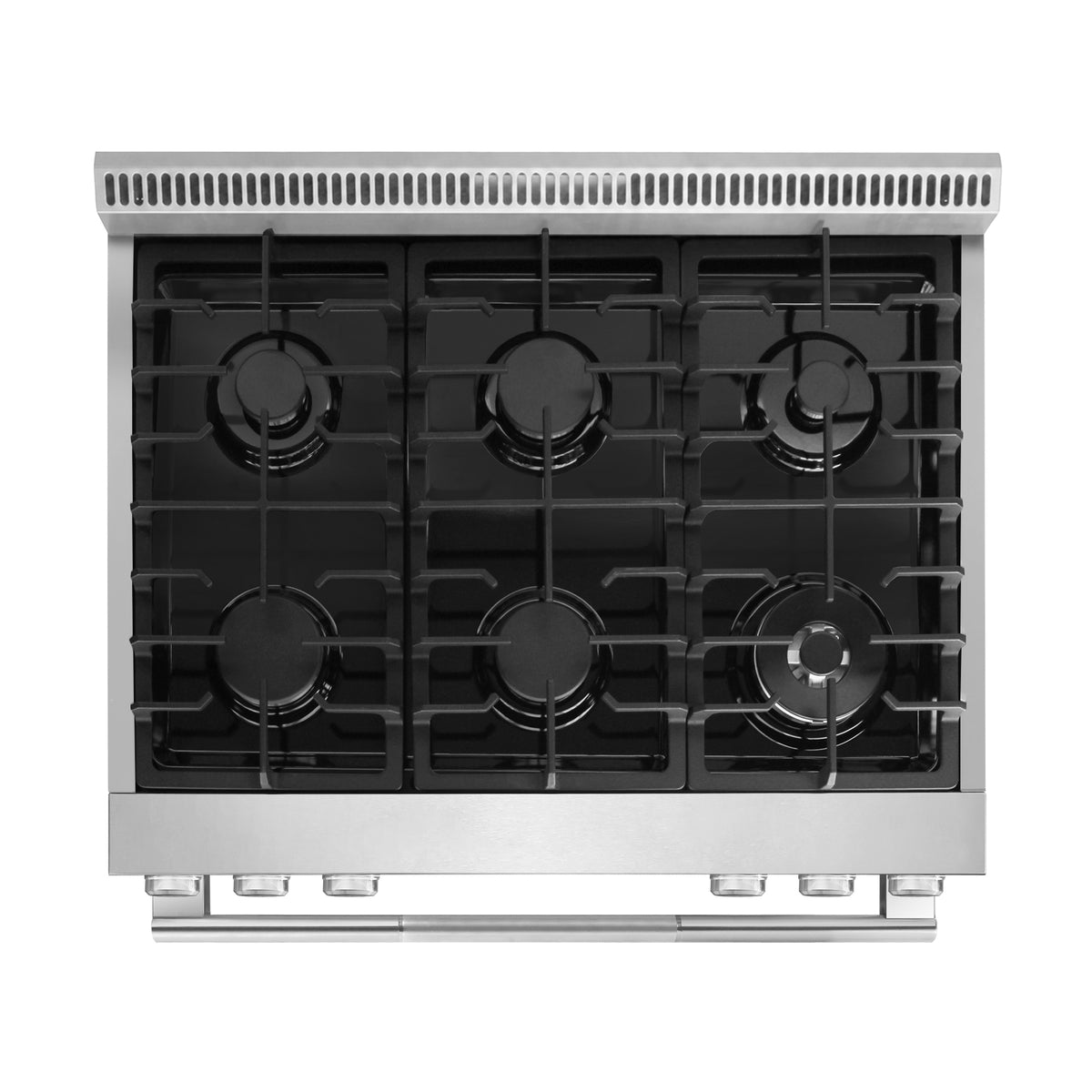 Cosmo COS-RGS366SS six-burner gas cooktop with cast iron grates, overhead view