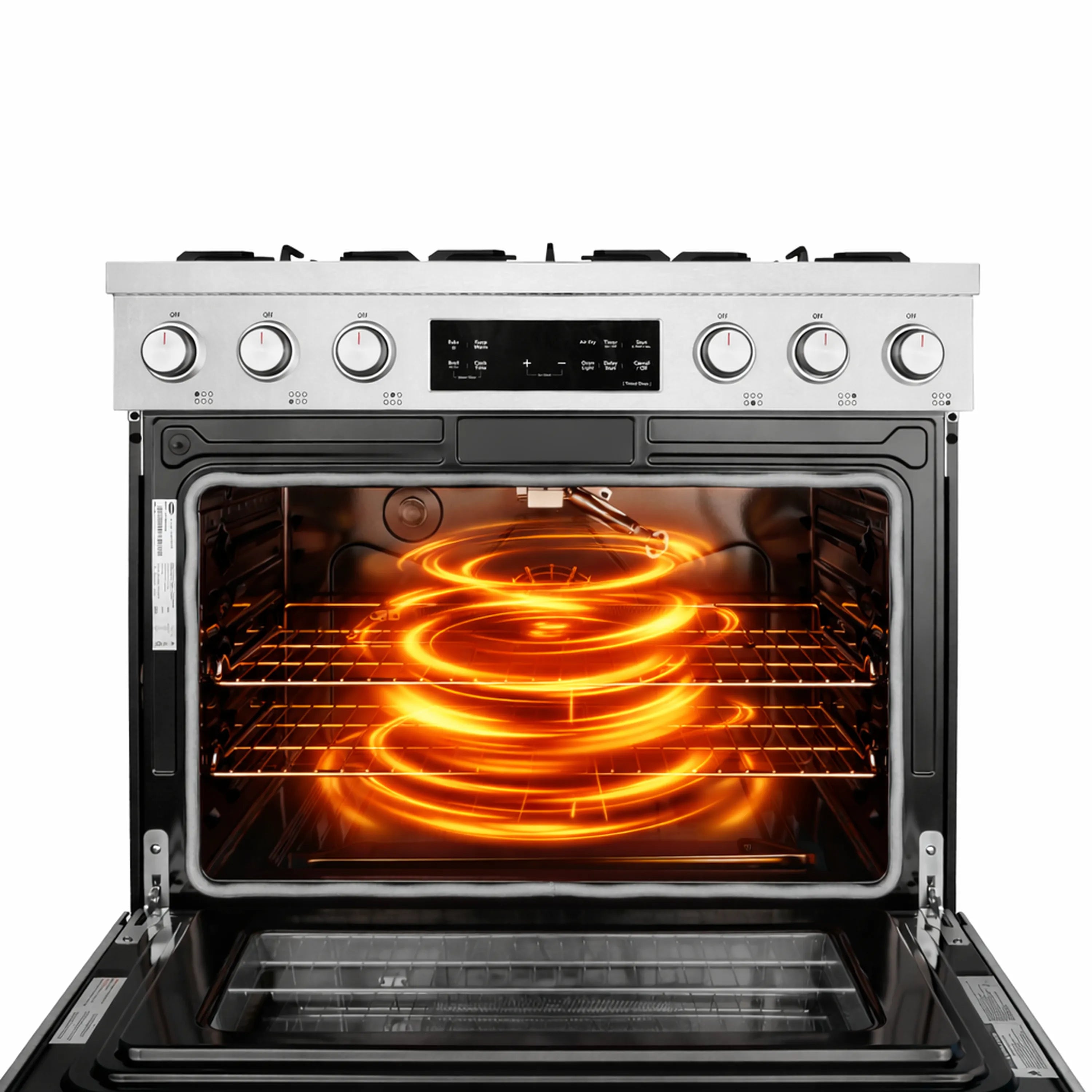 Gas oven interior with glowing burner flame and wire rack cooking surface