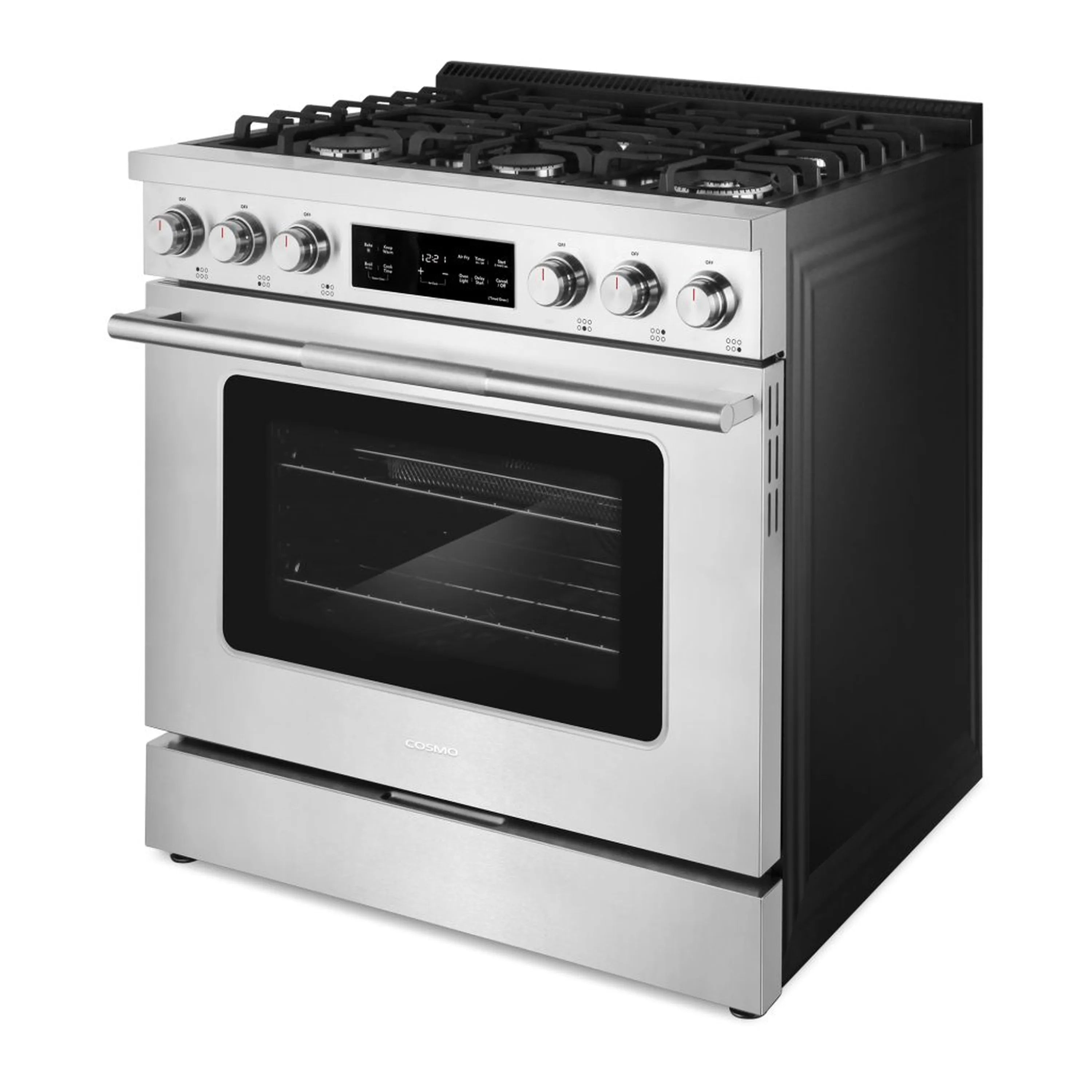 Stainless steel 36-inch gas range with front burners and oven door window