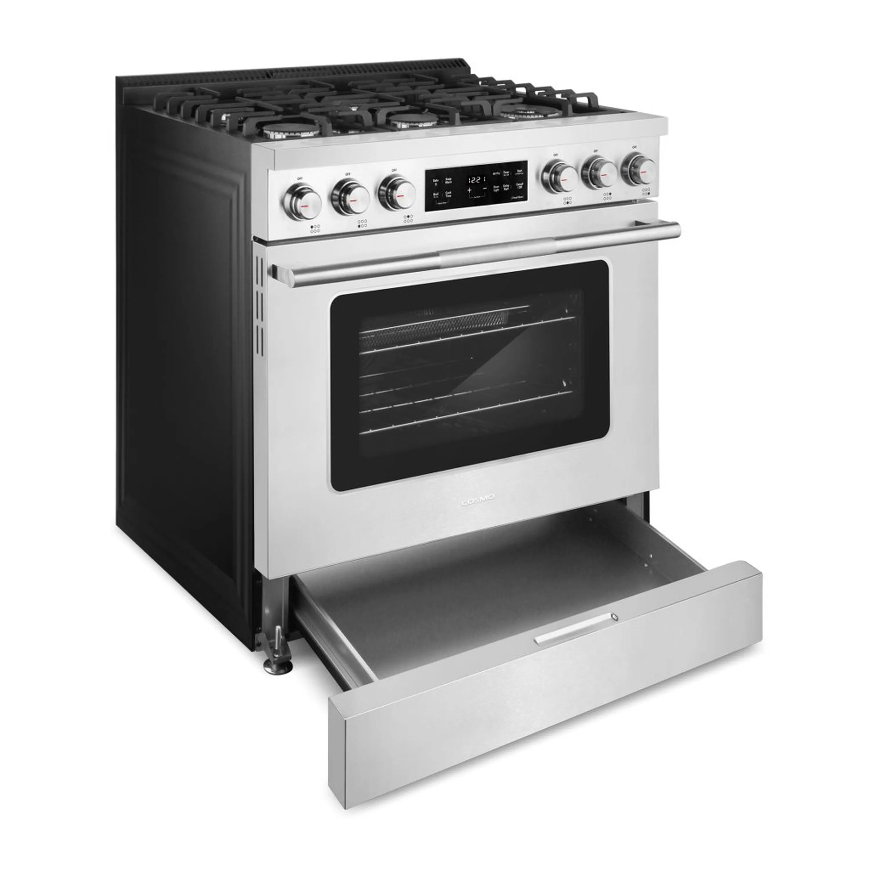 Stainless steel gas range with slide-out lower drawer open and oven door window