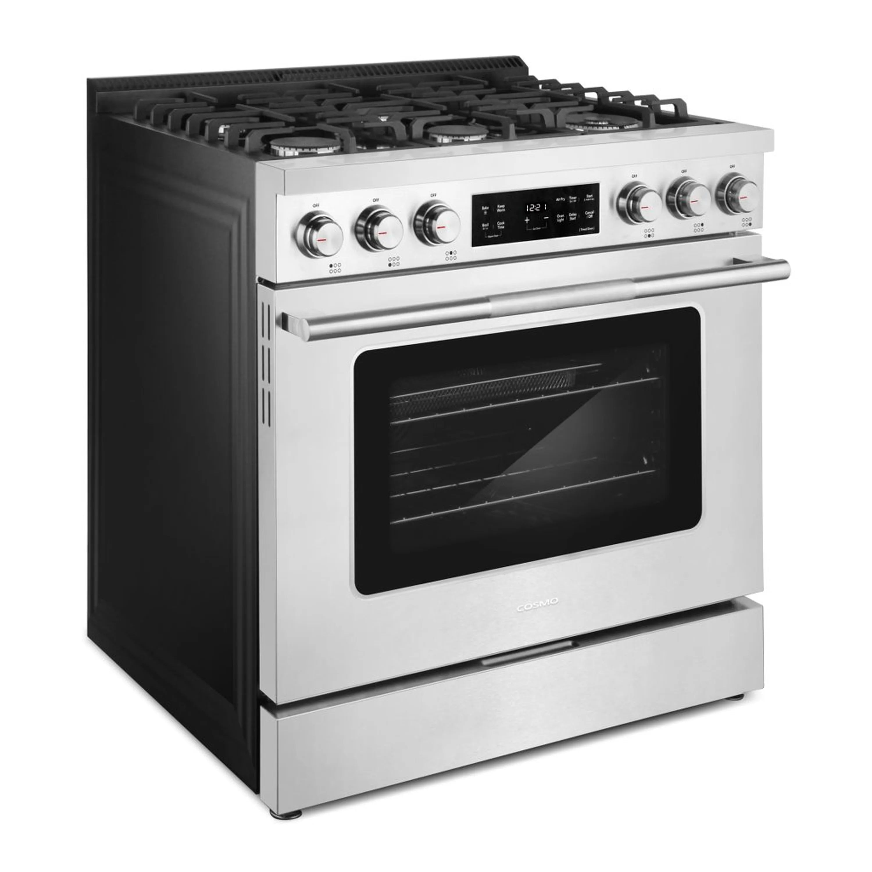 Stainless steel freestanding gas range with oven door and front control panel