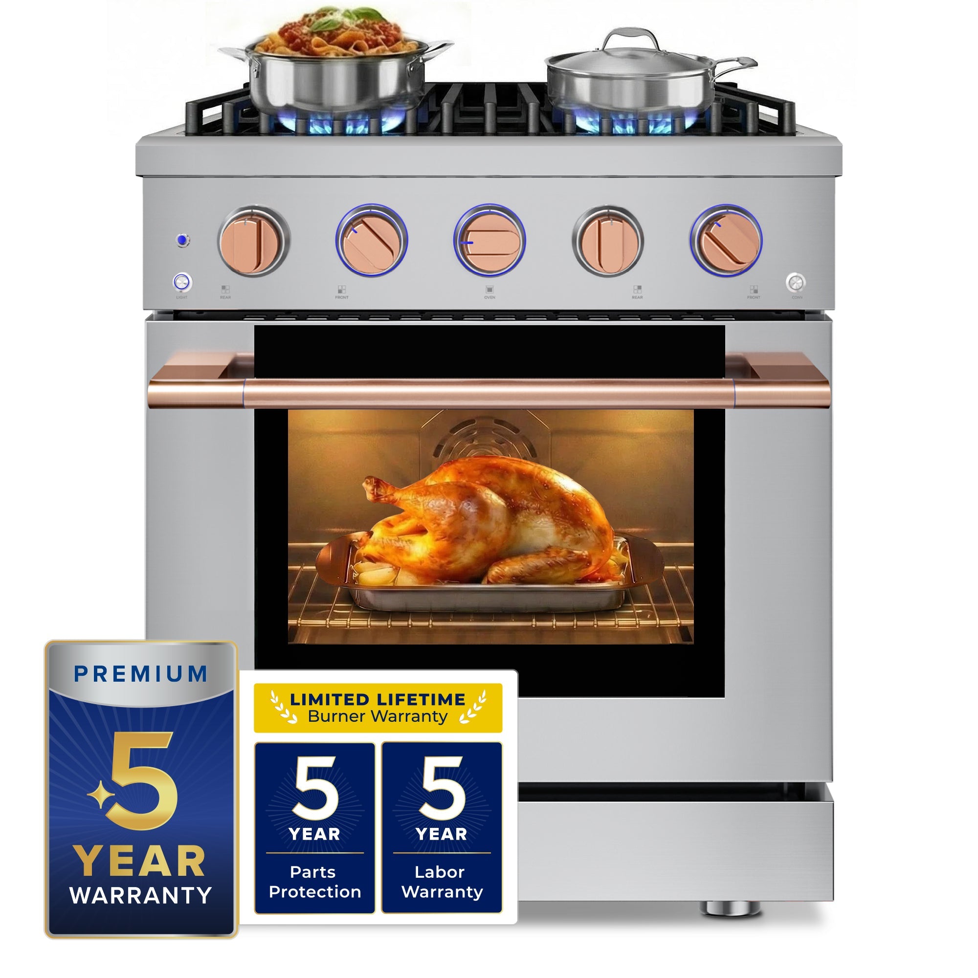 30-inch range with copper/brass-look accents and lit convection oven with chicken