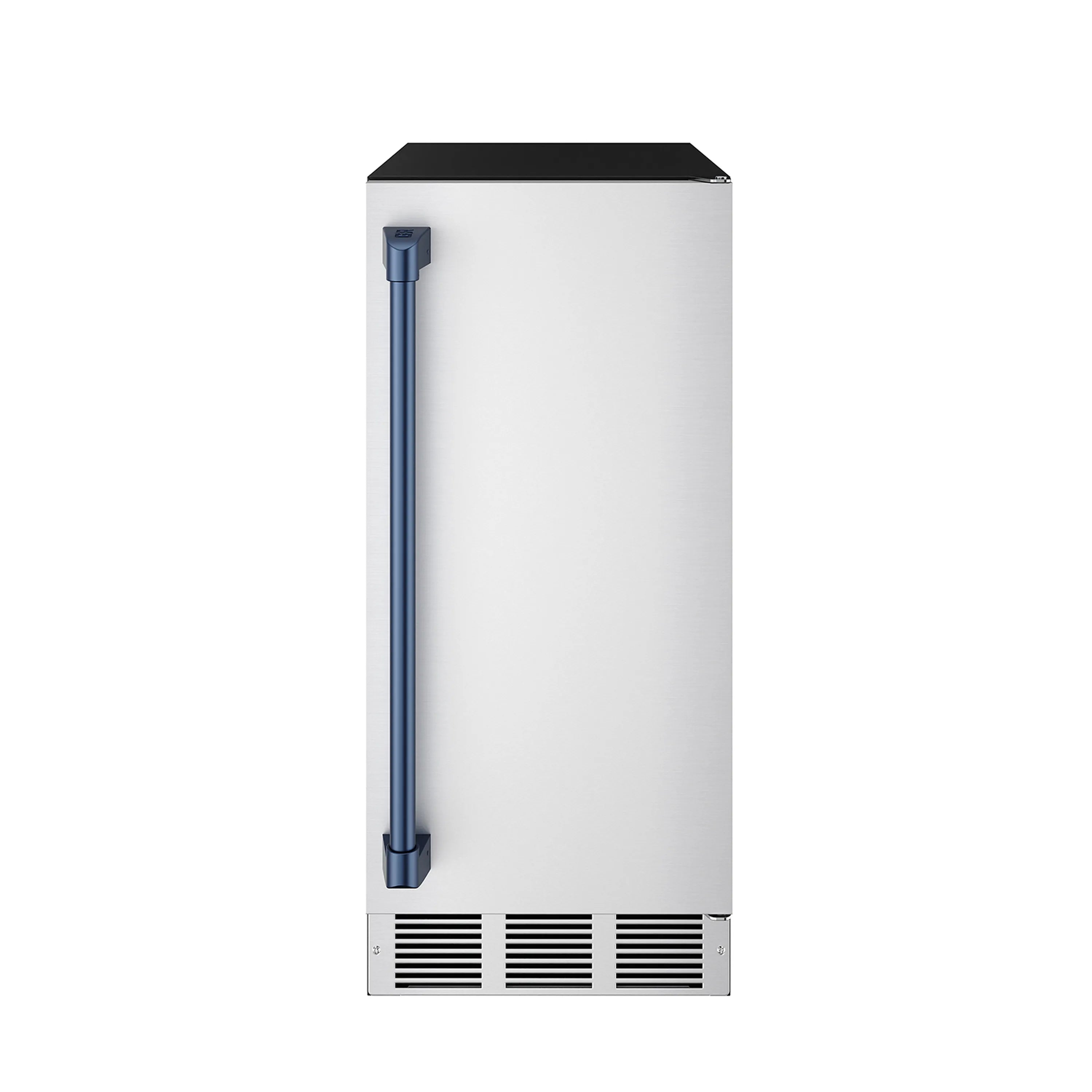 Stainless steel ice maker with tall blue handle and front vent grille
