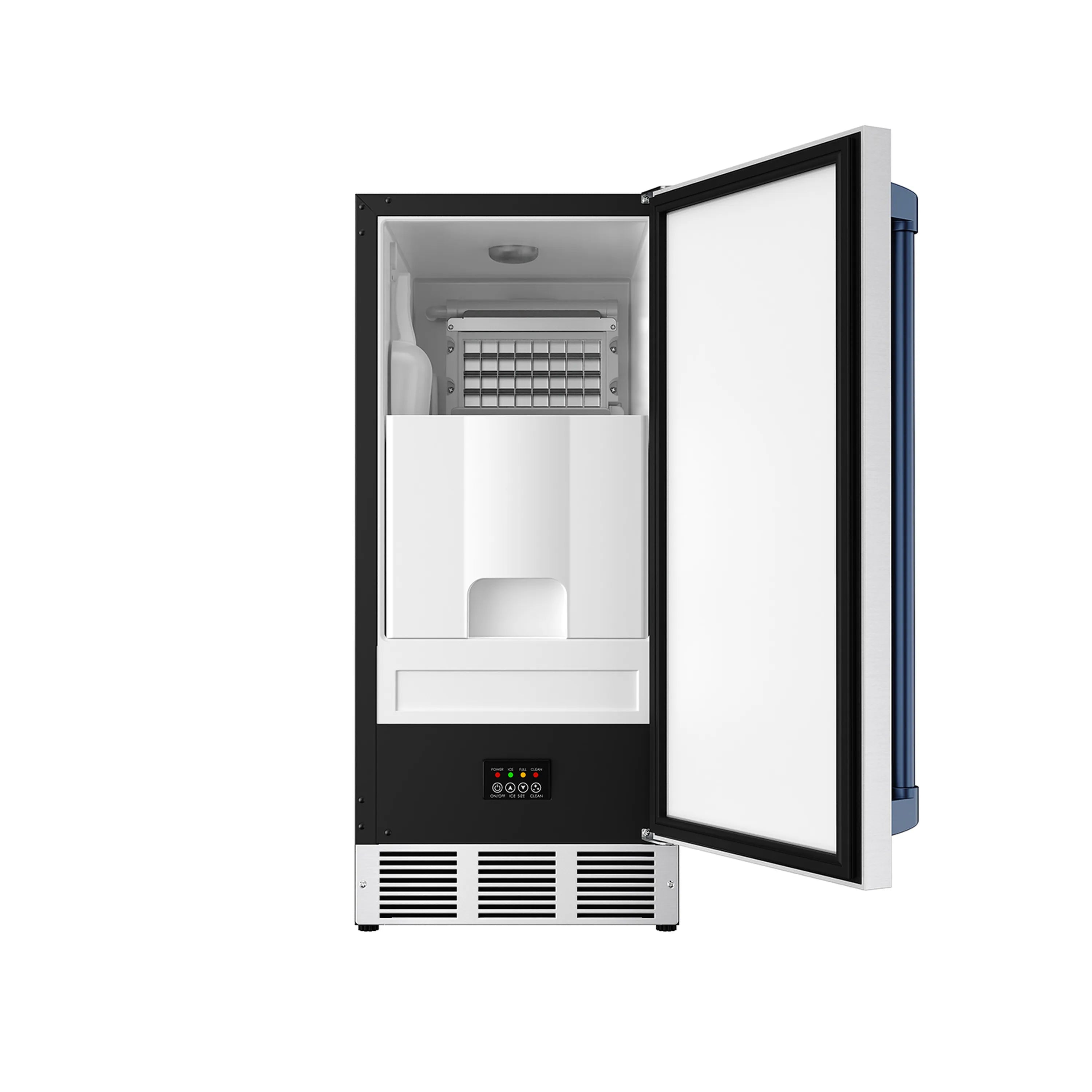 Stainless steel ice maker with open door, interior bin, and blue handle