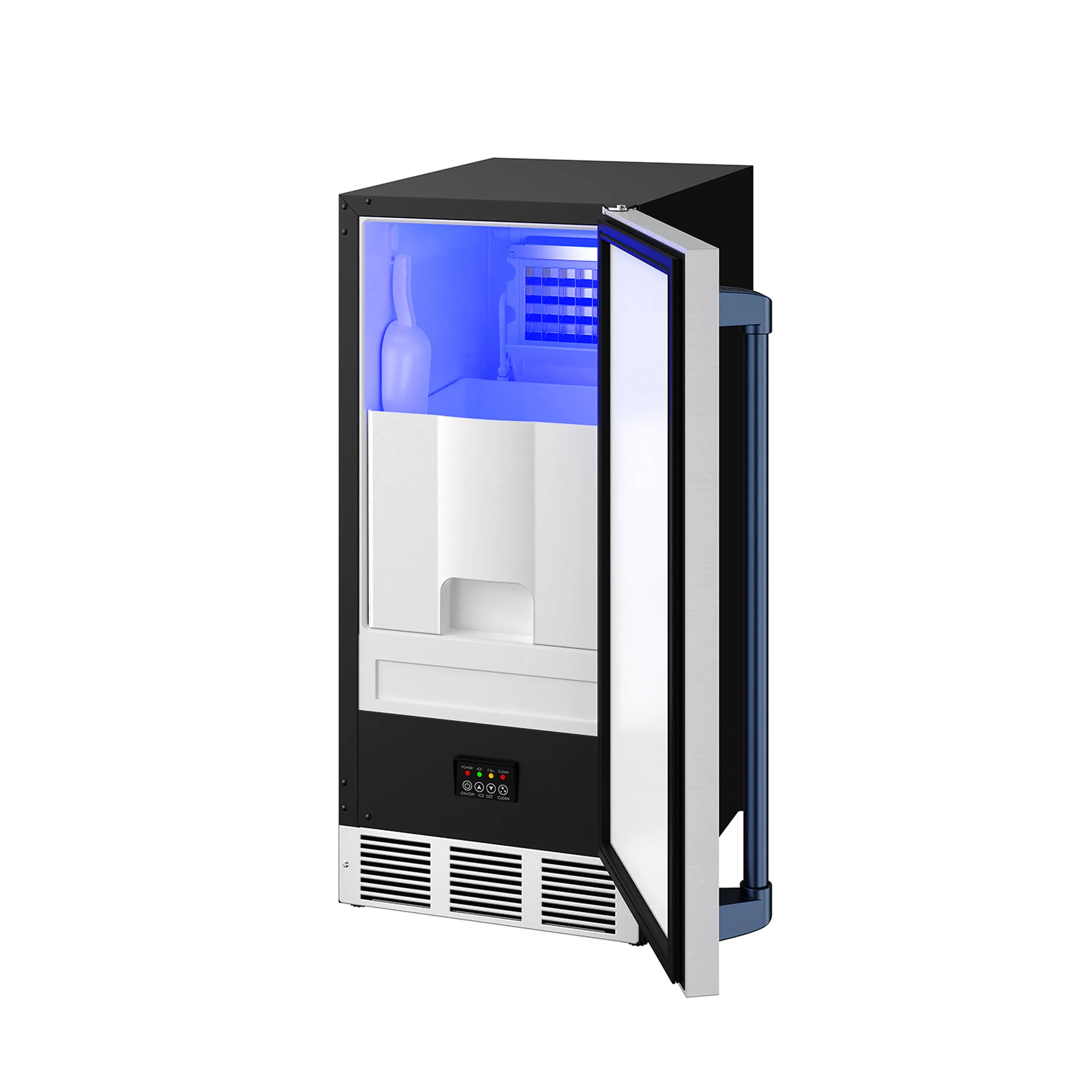 Stainless steel ice maker with open door and blue interior light showing bin