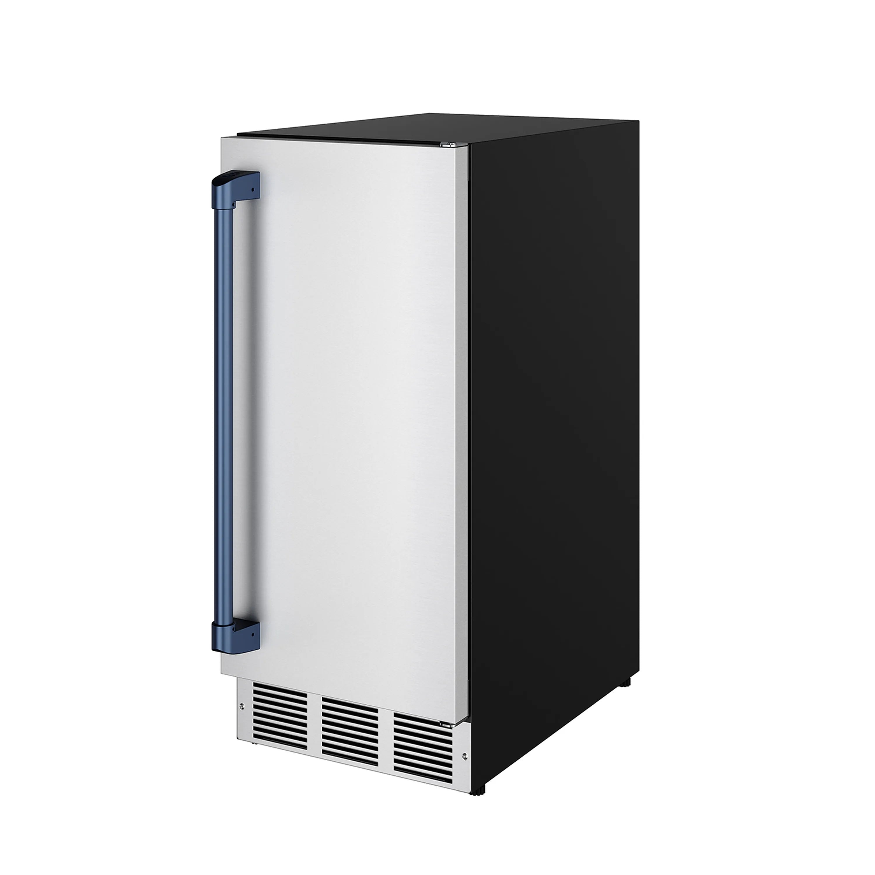 Freestanding ice maker with stainless steel front, black side, and tall blue handle