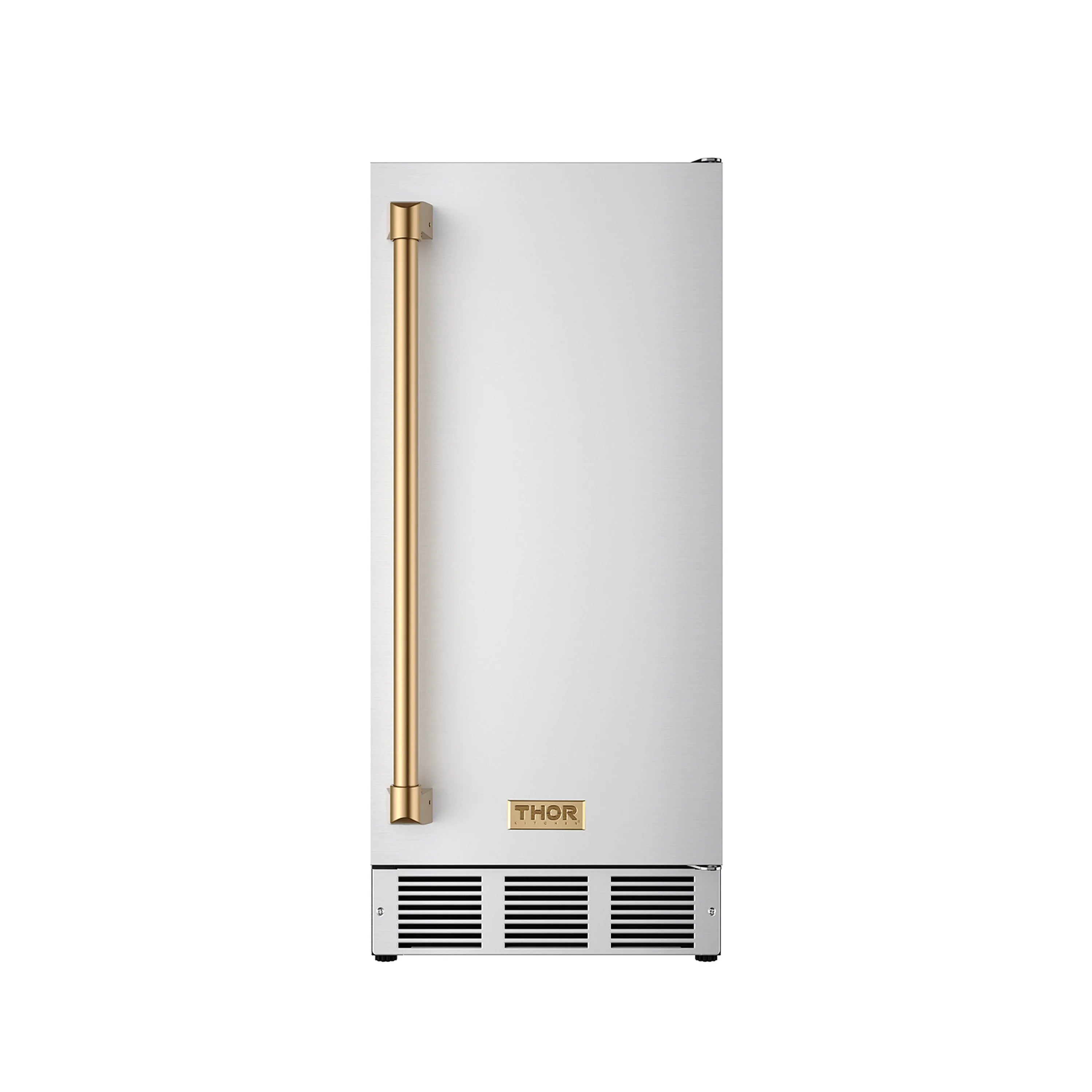 Stainless steel ice maker with bronze handle, front vent grille and THOR badge