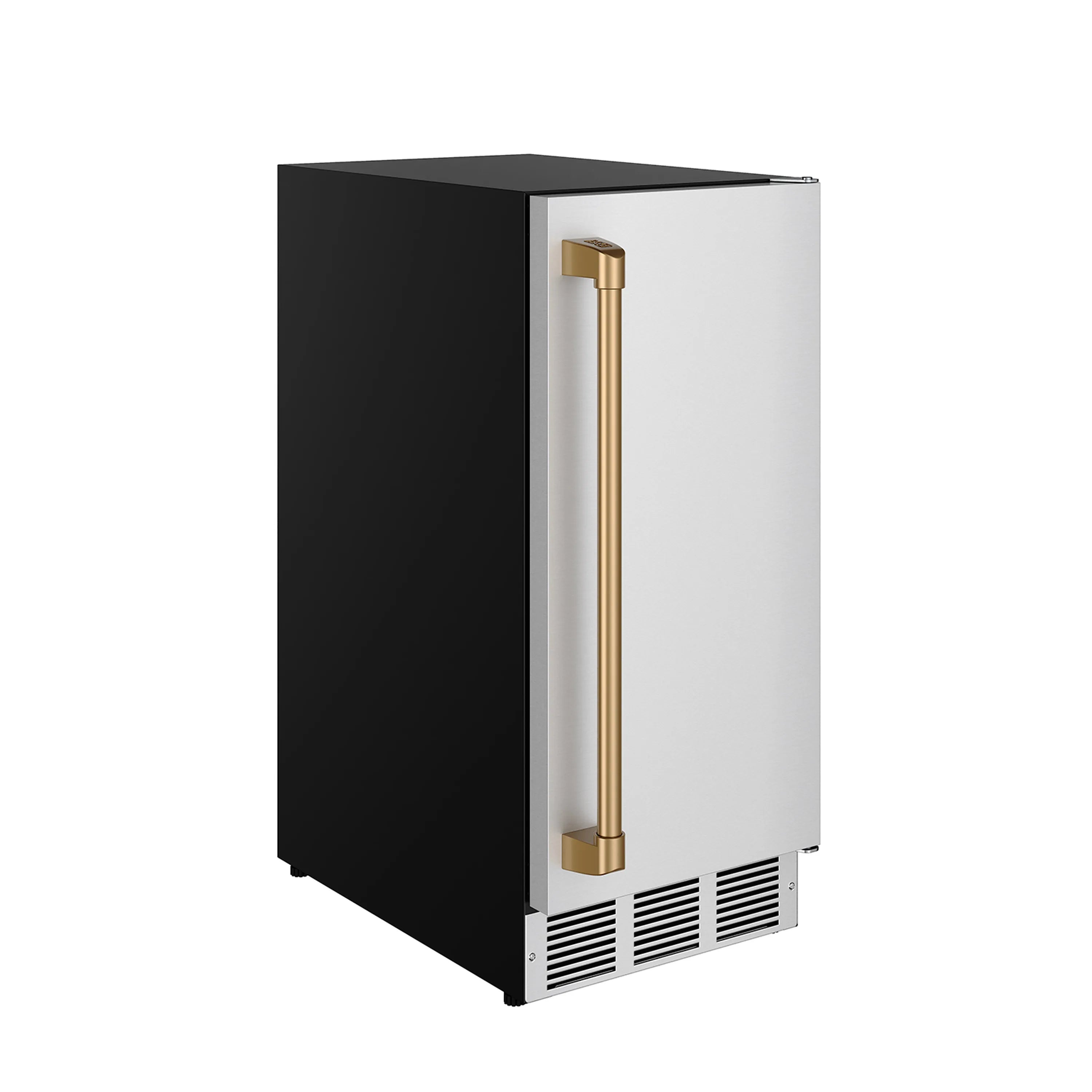 Stainless steel ice maker with bronze handle and black side panels, built-in or freestanding