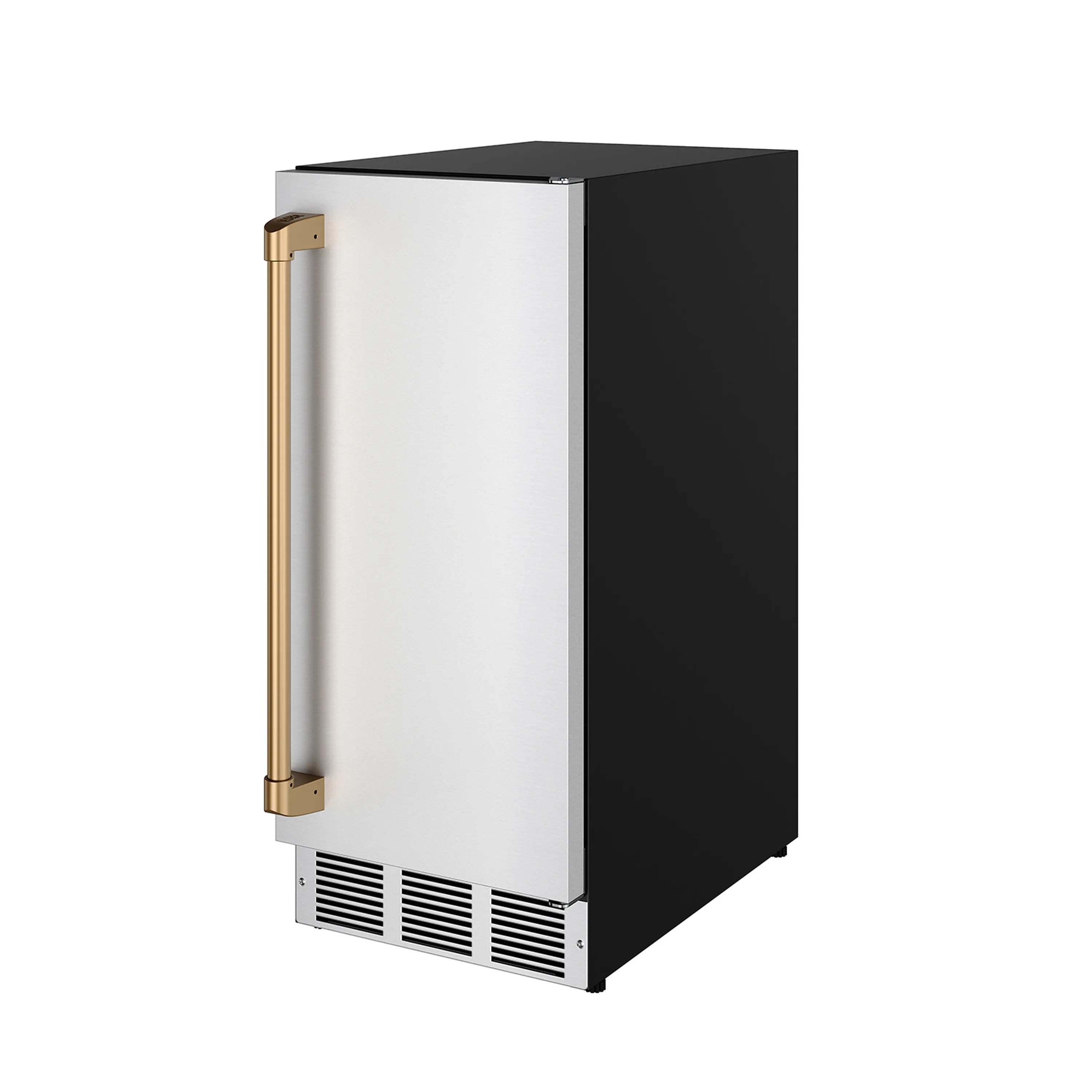 Stainless steel ice maker with bronze handle, black door panel and vented grille