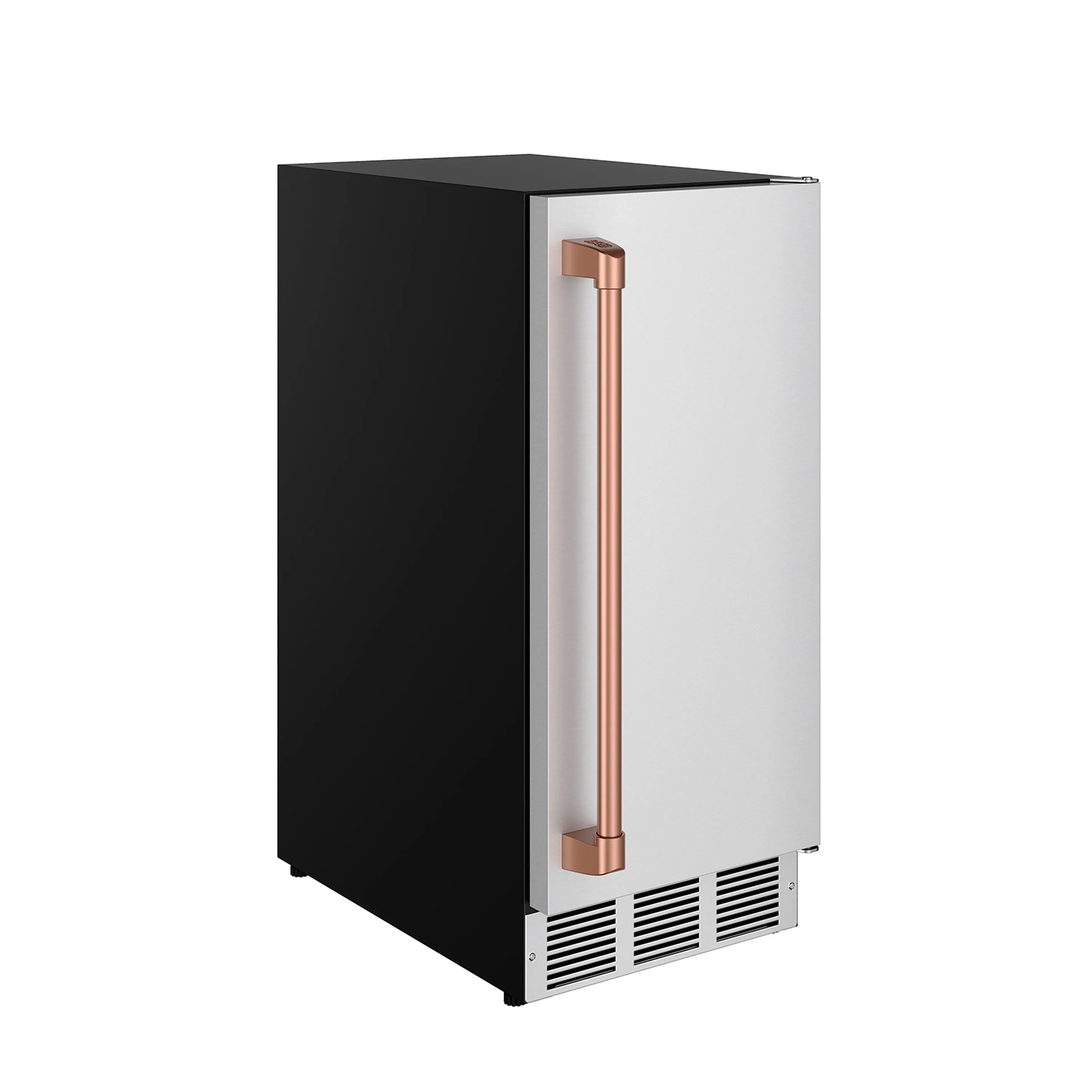 Stainless steel and black ice maker with rose gold vertical handle and vented bottom grille