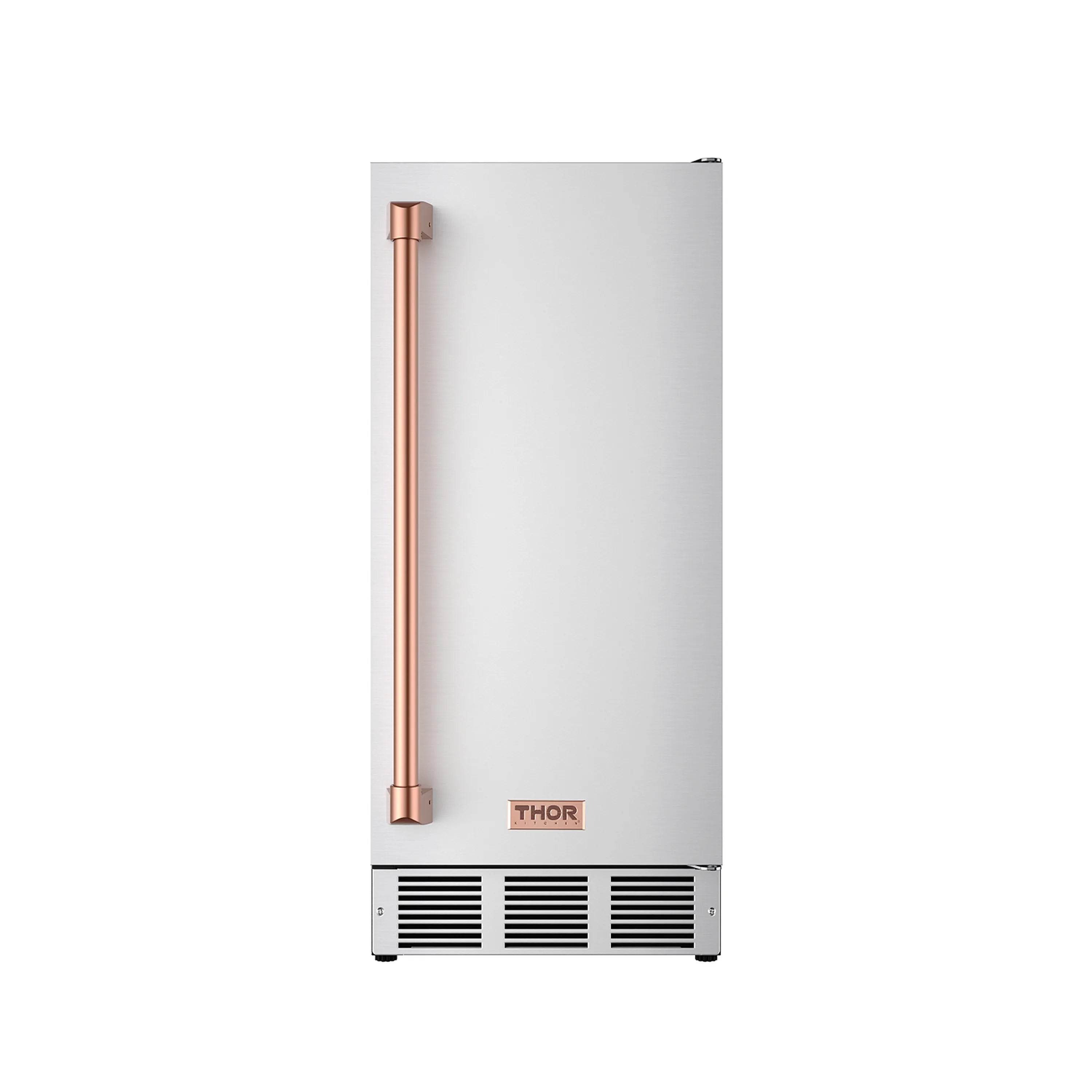 Stainless steel ice maker with tall rose gold handle and front ventilation grilles