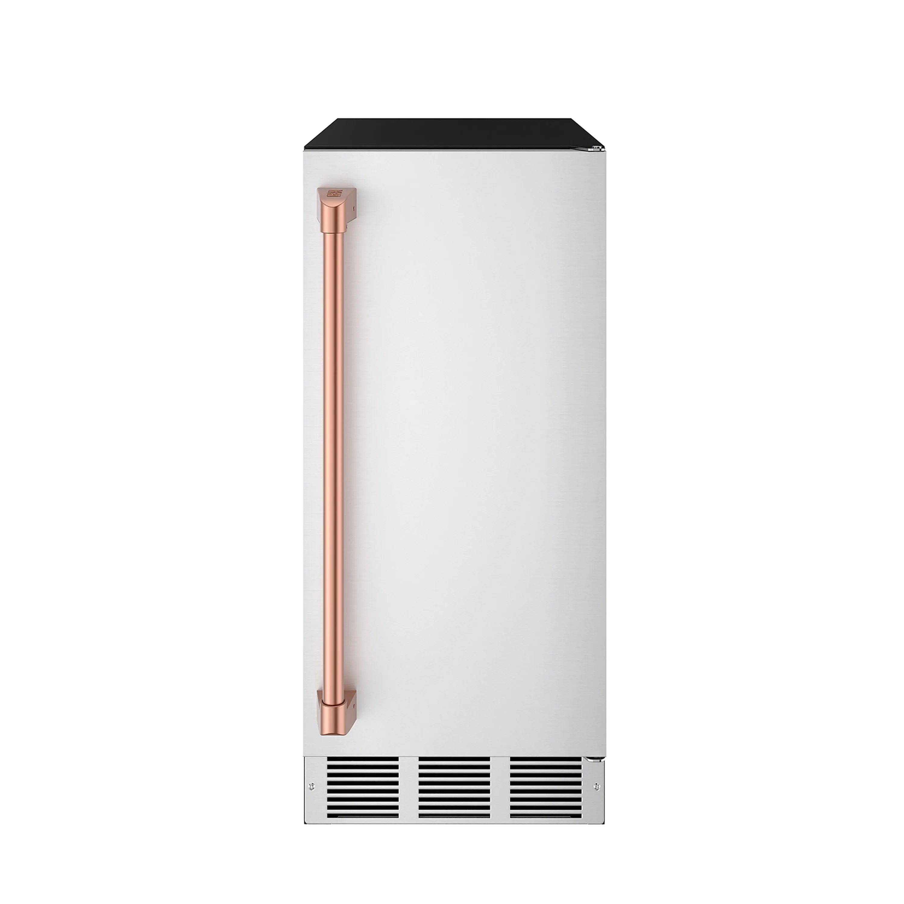 Stainless steel ice maker front with rose gold vertical handle and vented grille base