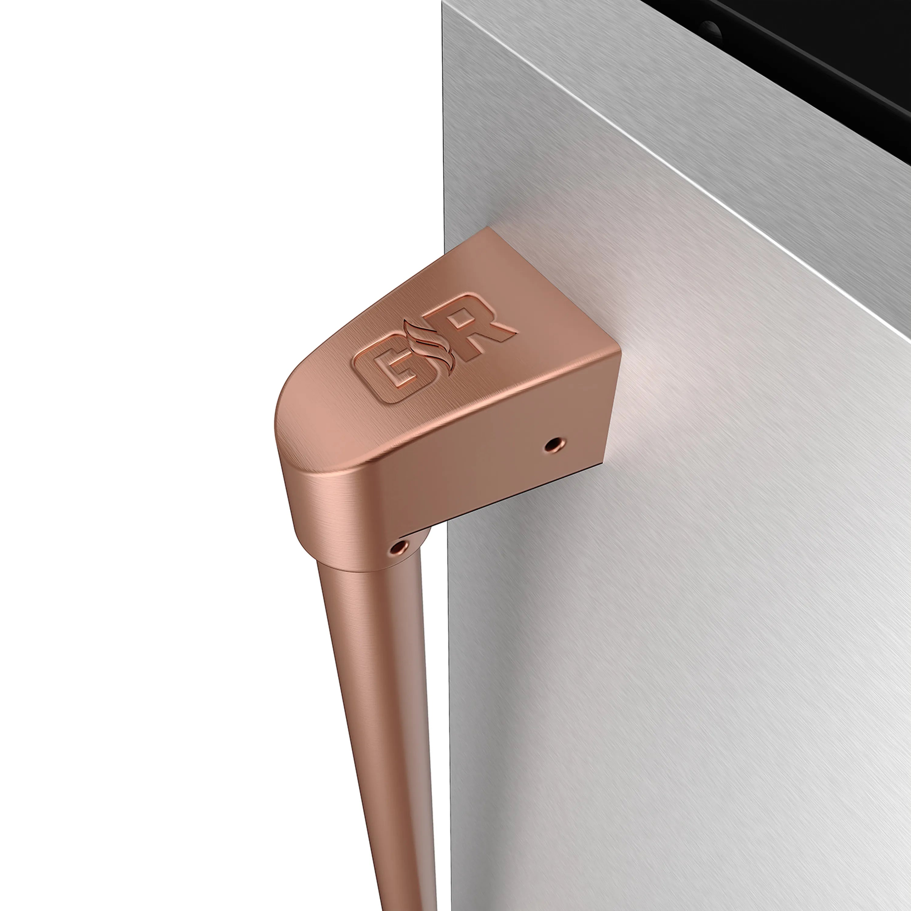 Rose gold handle with BSR logo on stainless ice maker door