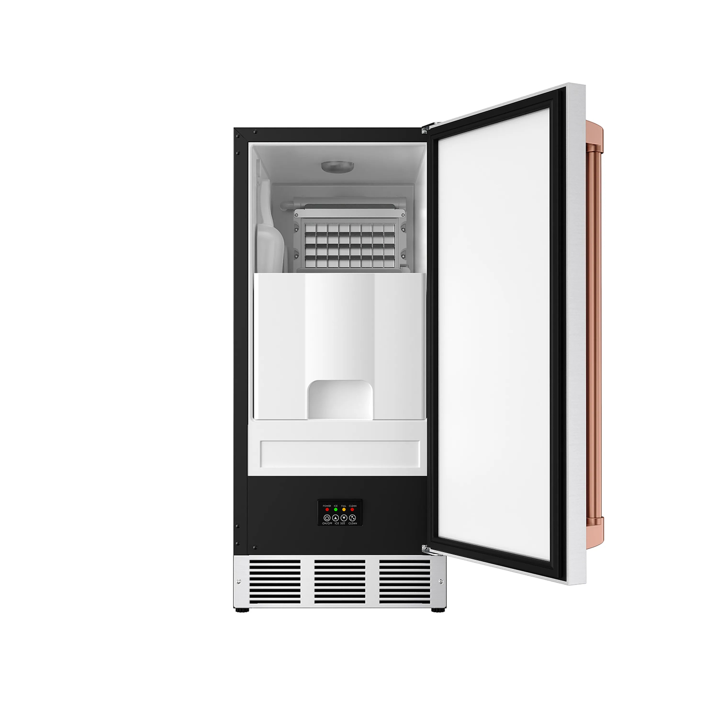 Stainless steel ice maker with open door, white ice bin, and rose gold side handle