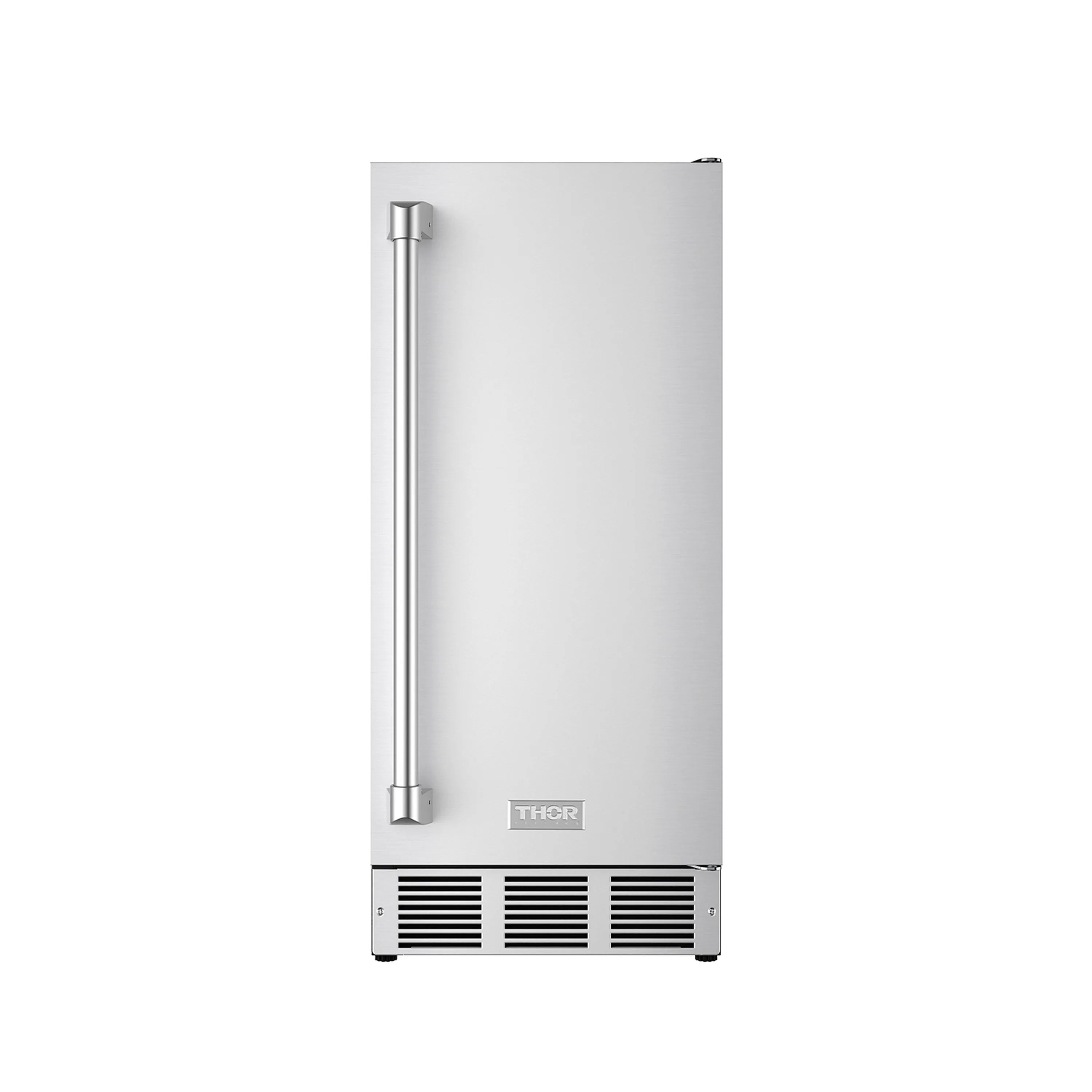Stainless steel 15-inch ice maker with THOR logo, dispenser tube, and vent grilles