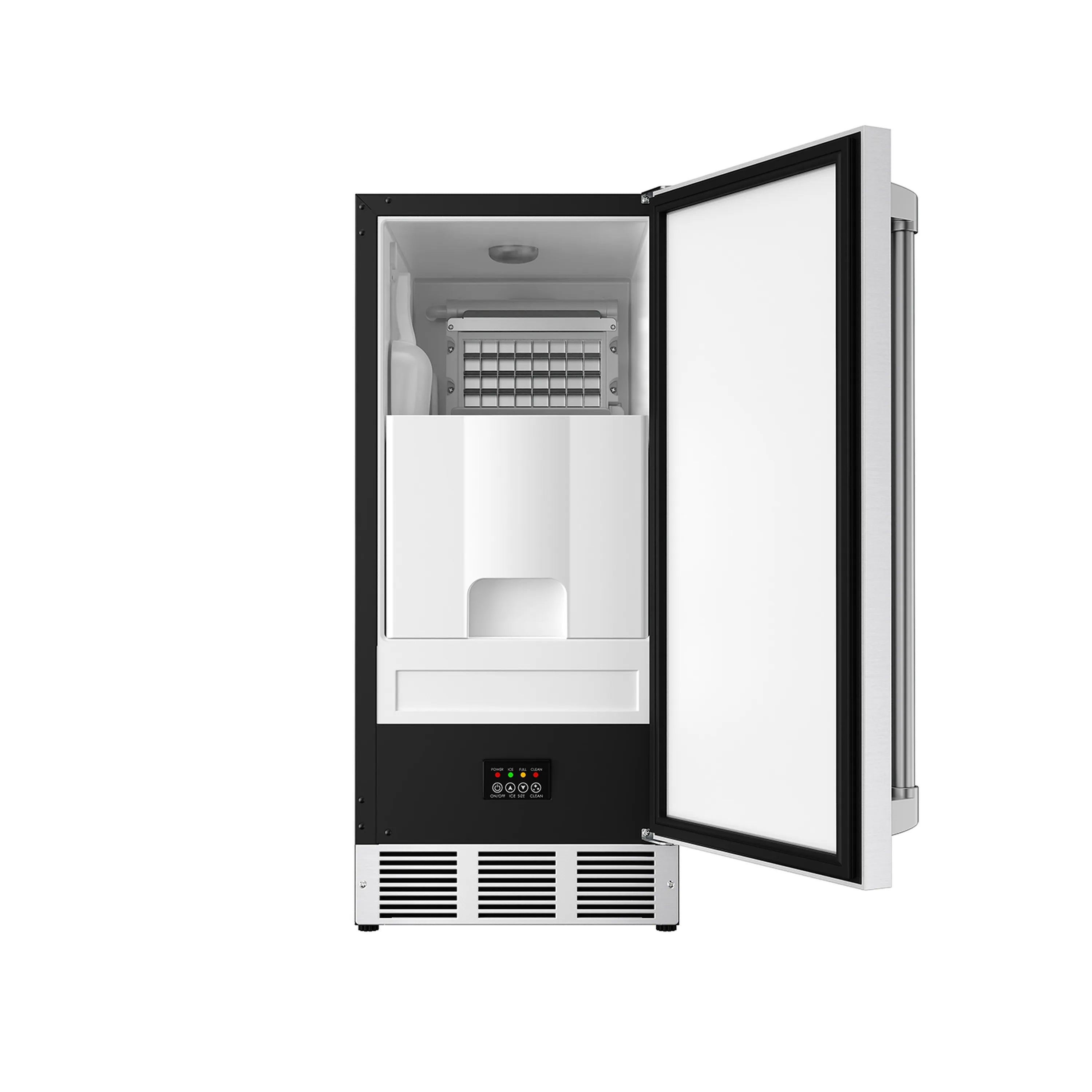 Stainless steel 15-inch ice maker with open door showing ice basket and bin