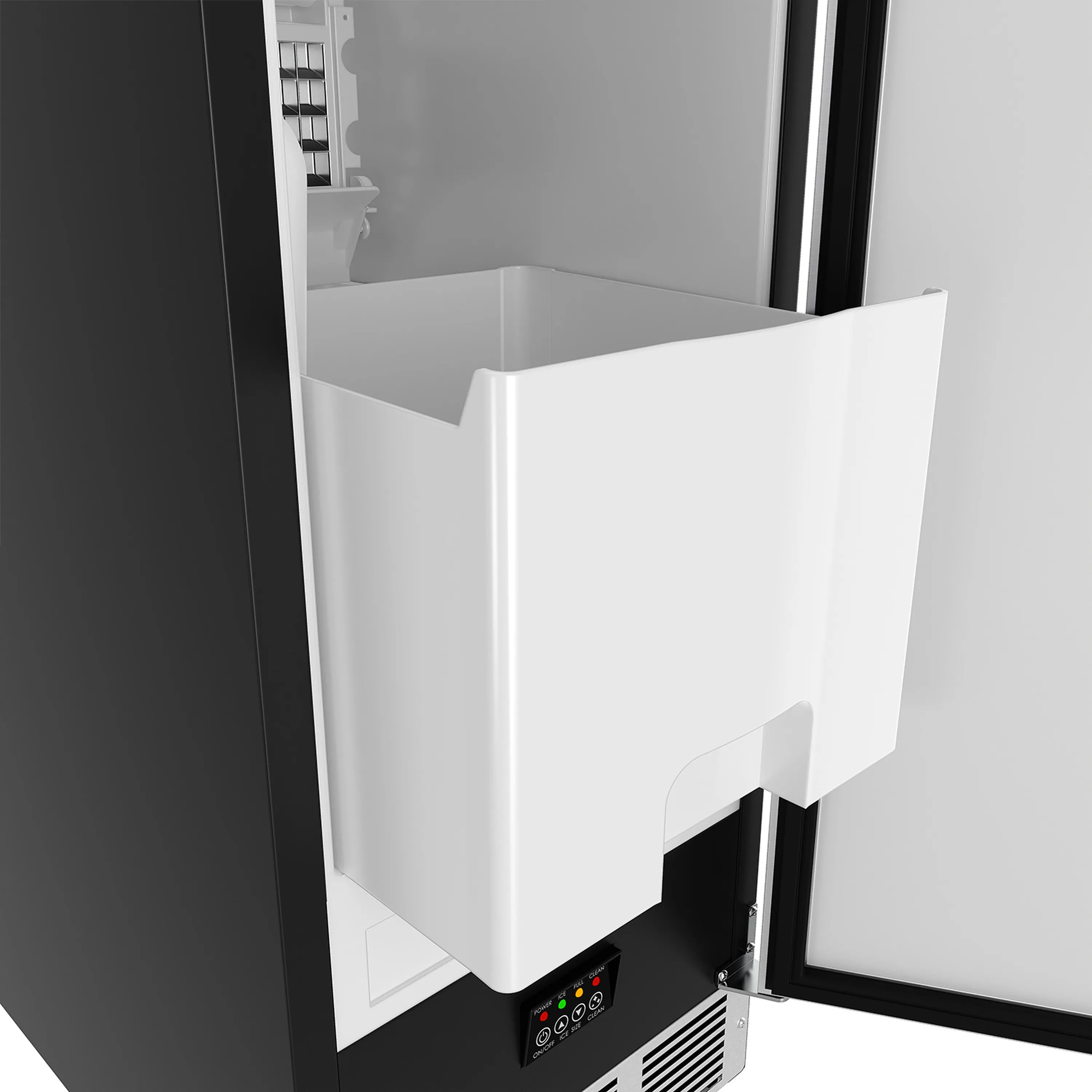 Stainless steel 15-inch ice maker with front control panel and drop chute
