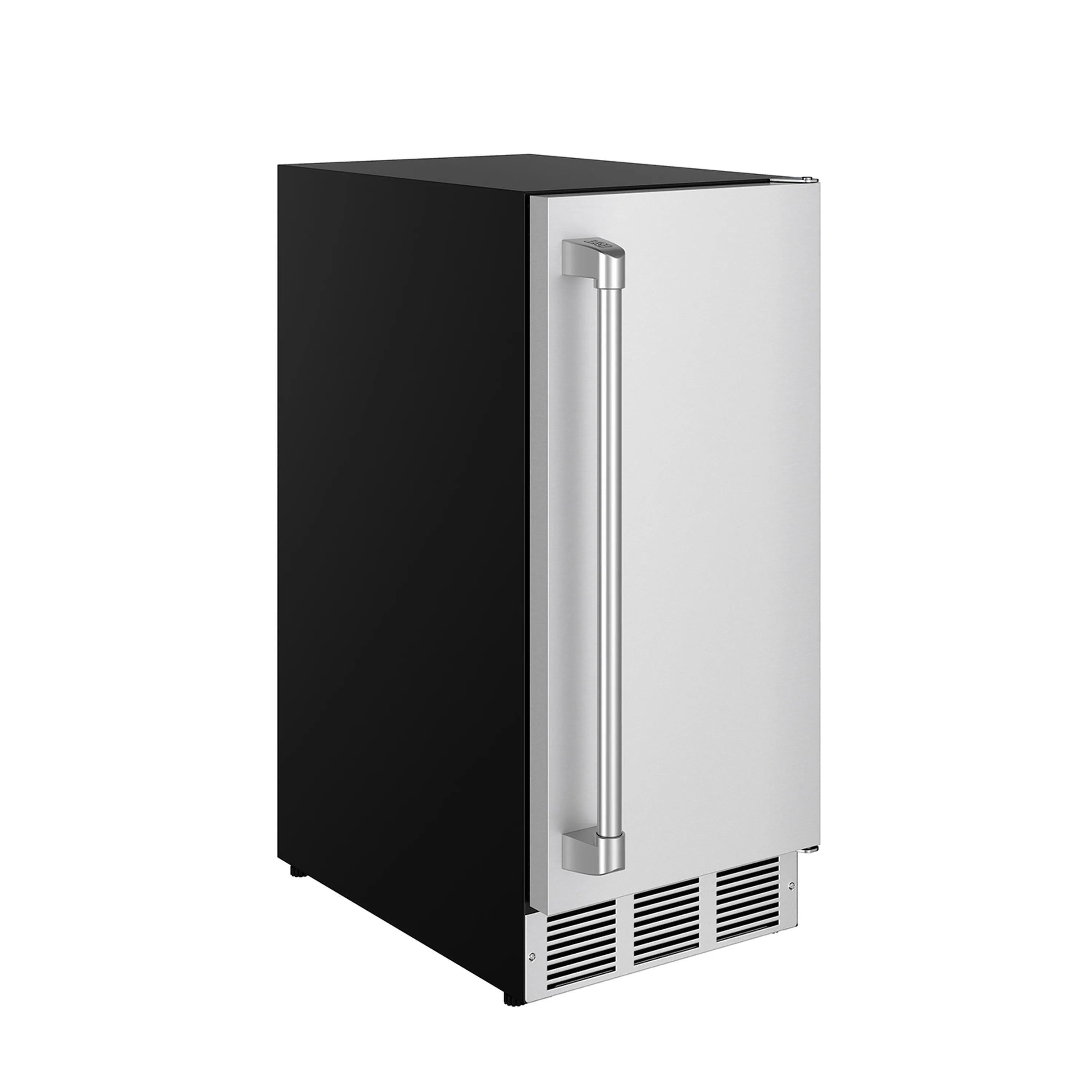 Black and stainless 15-inch ice maker cabinet with front vent grilles