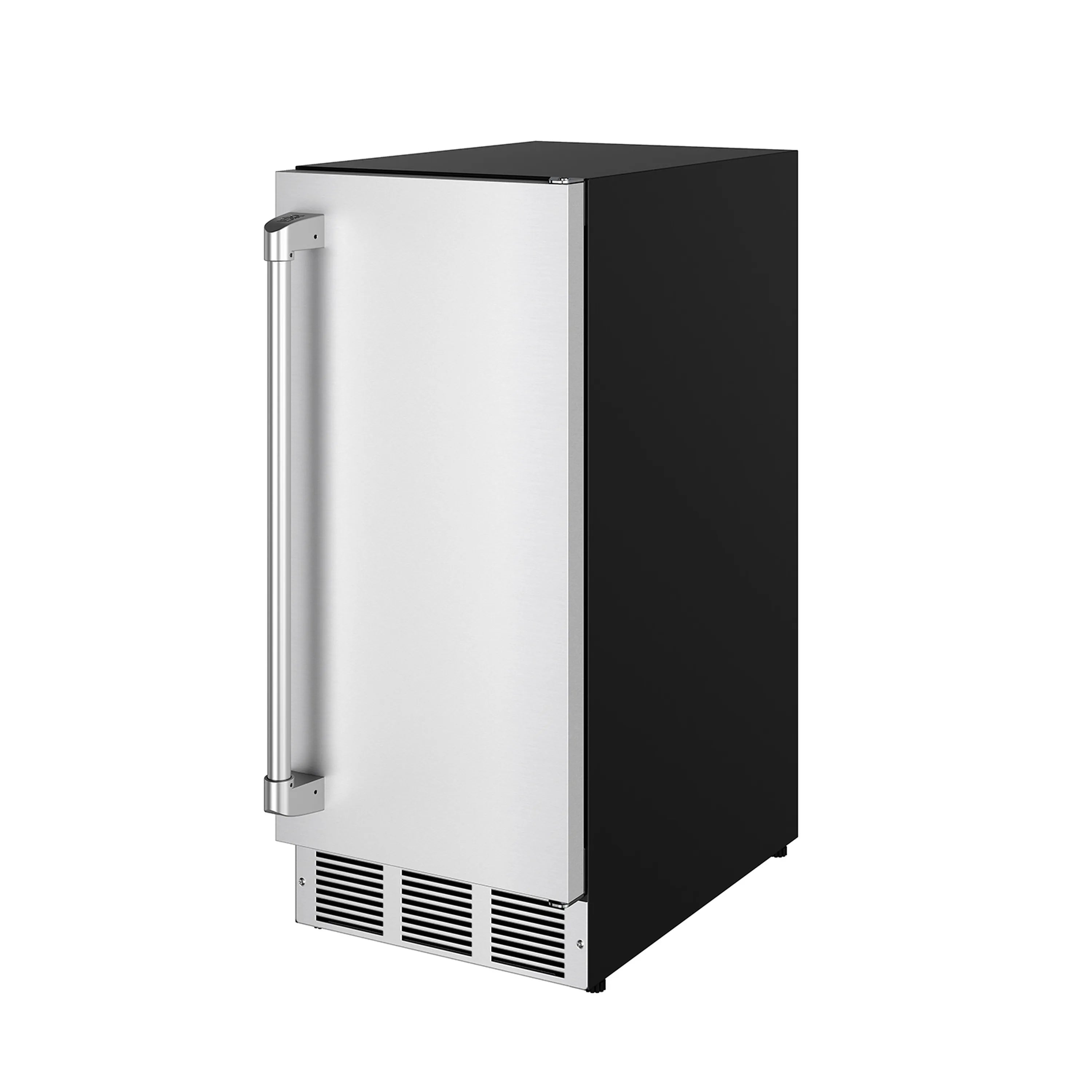 Black and stainless 15-inch ice maker with side dispenser tube and vent grilles