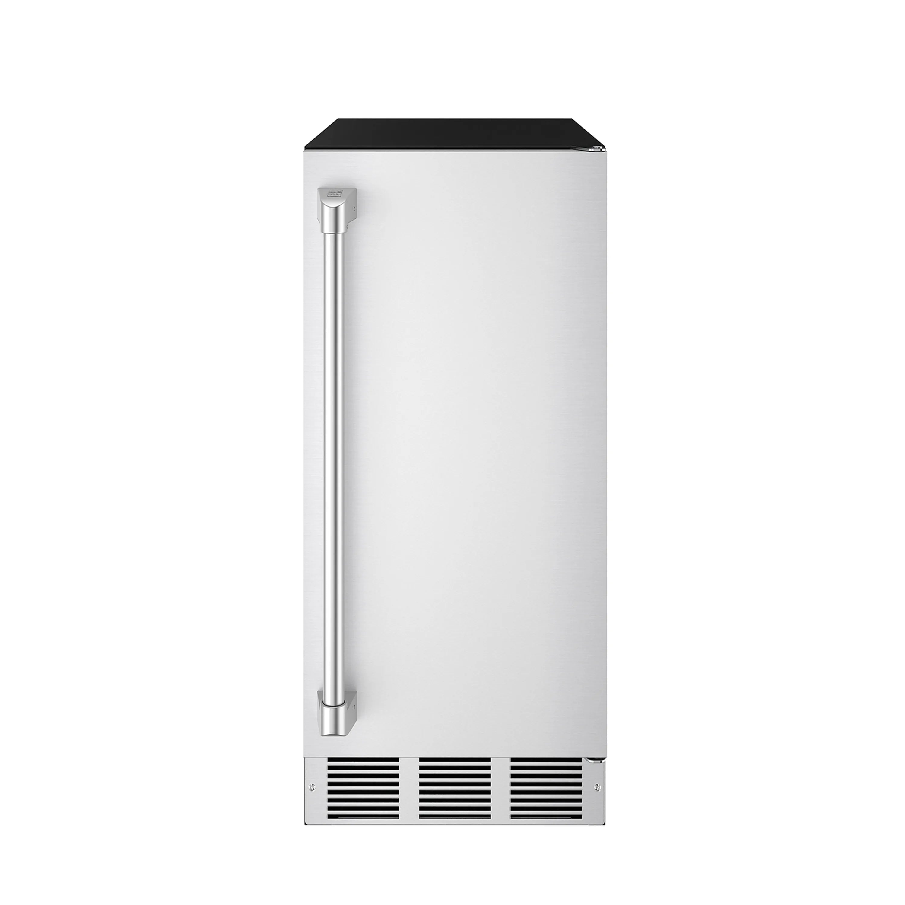 Stainless steel 15-inch ice maker with vertical dispenser tube and vent grilles