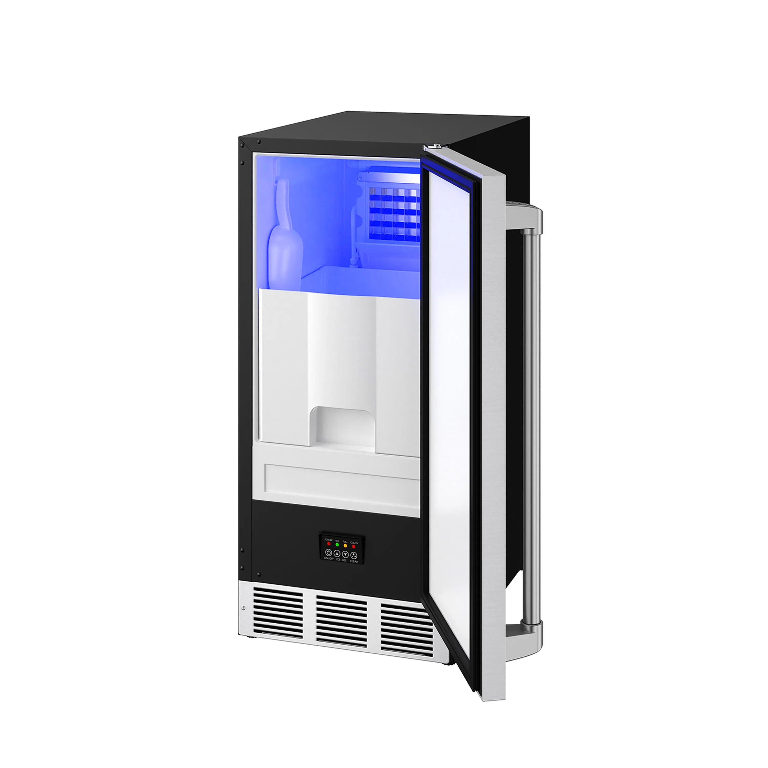 Stainless steel 15-inch ice maker with open door showing ice bin and blue lighting