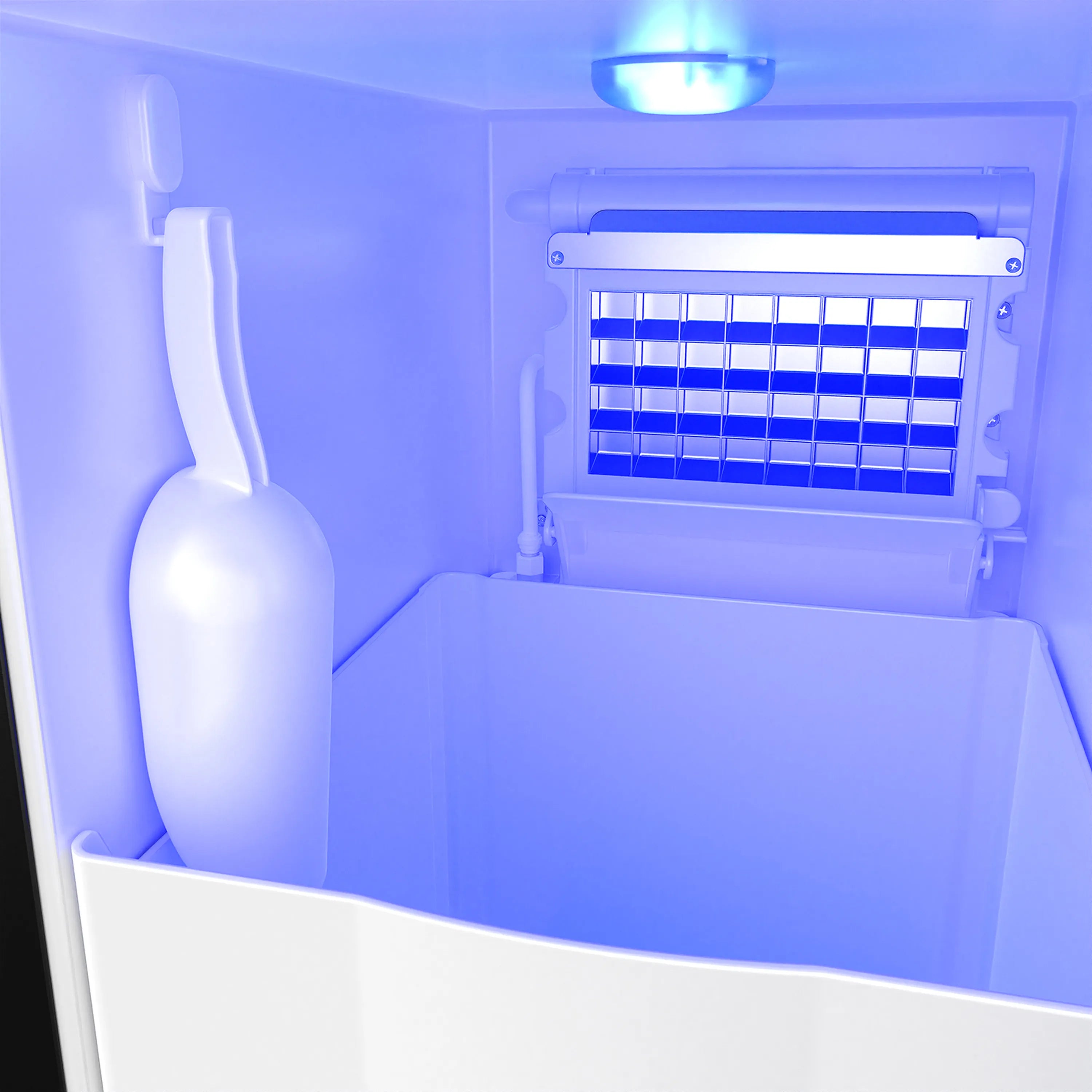 Ice maker interior with molded ice bin, front grille, and blue light