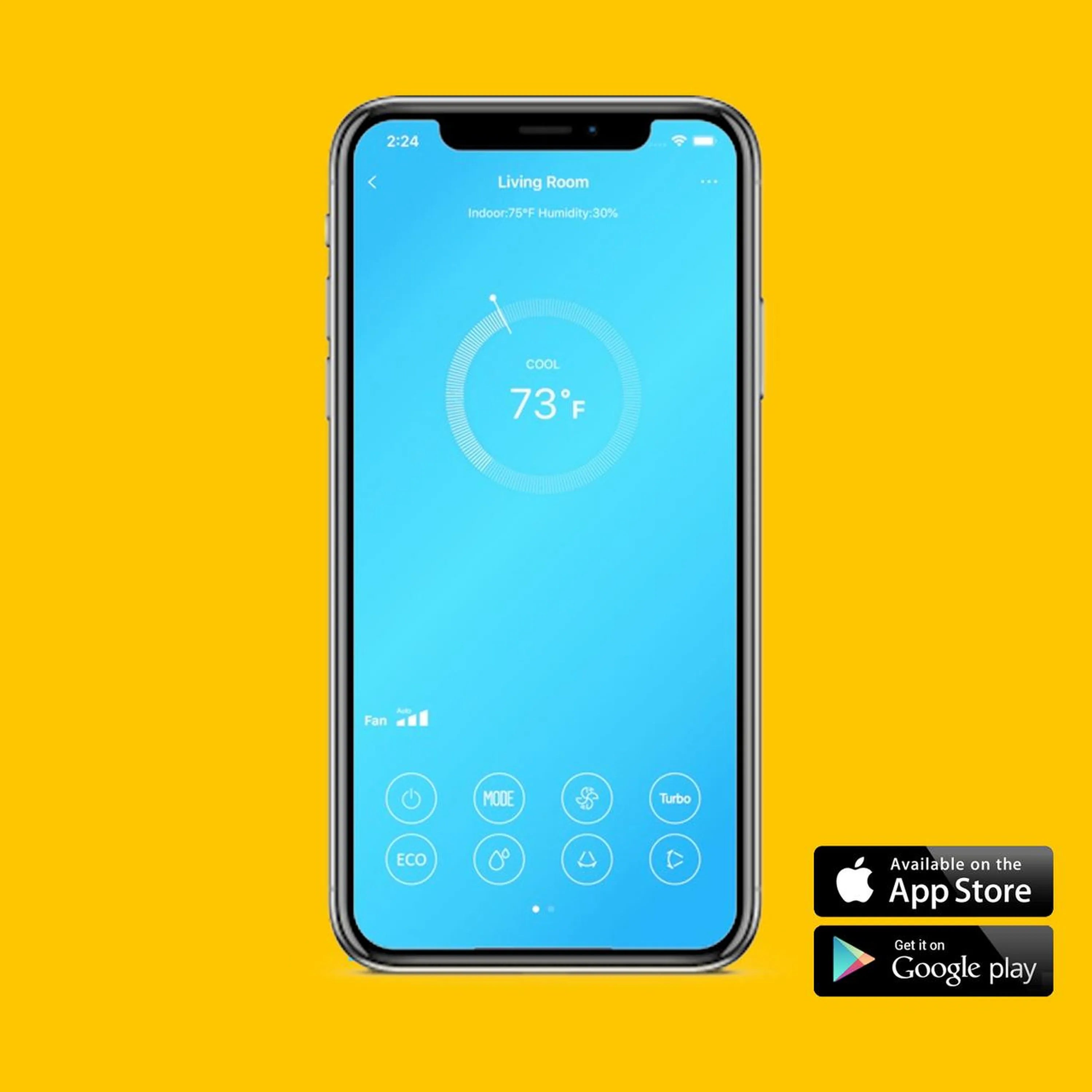 Smart WiFi kit app control on smartphone with App Store and Google Play badges