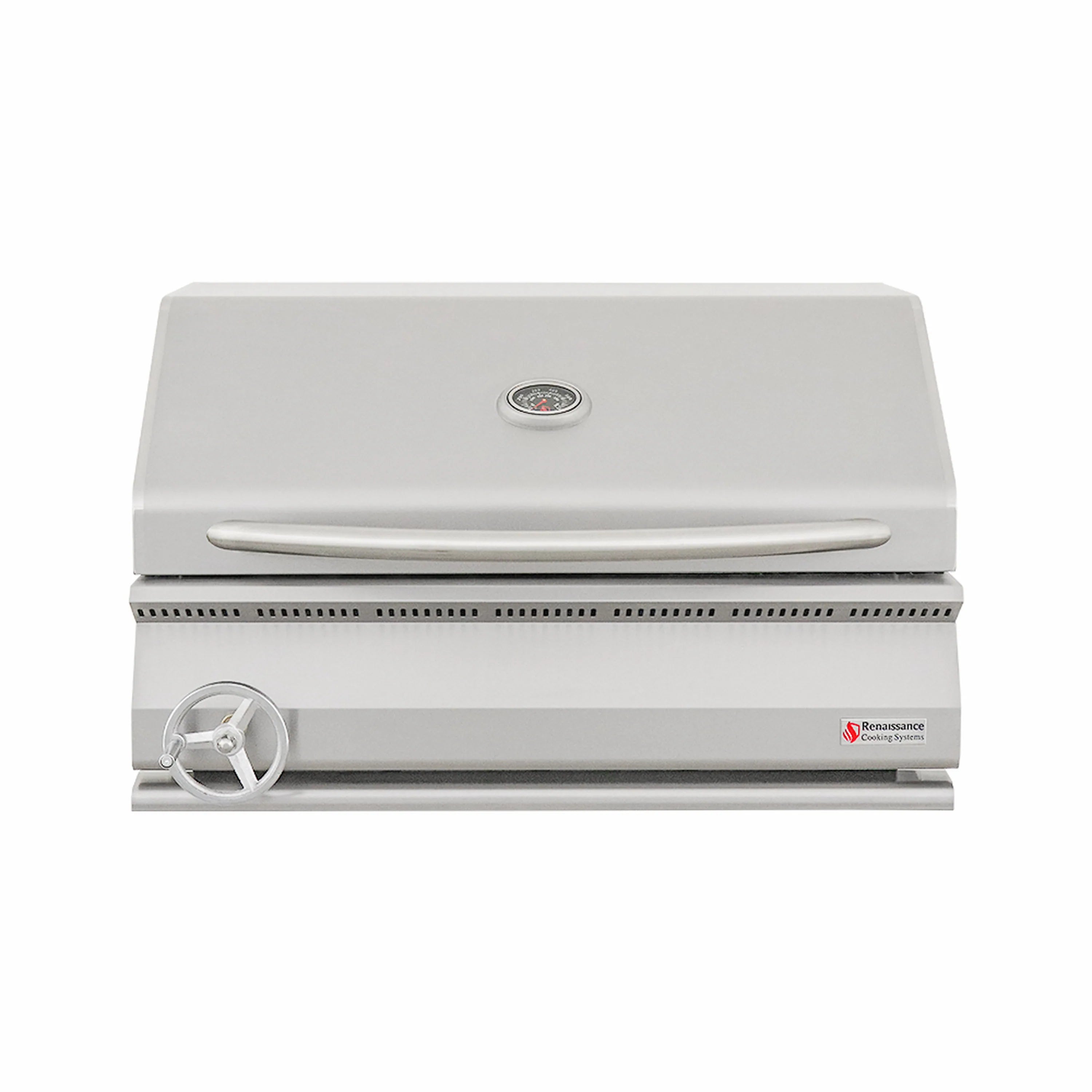 Stainless steel charcoal grill with closed hood, front wheel, and side vent slots