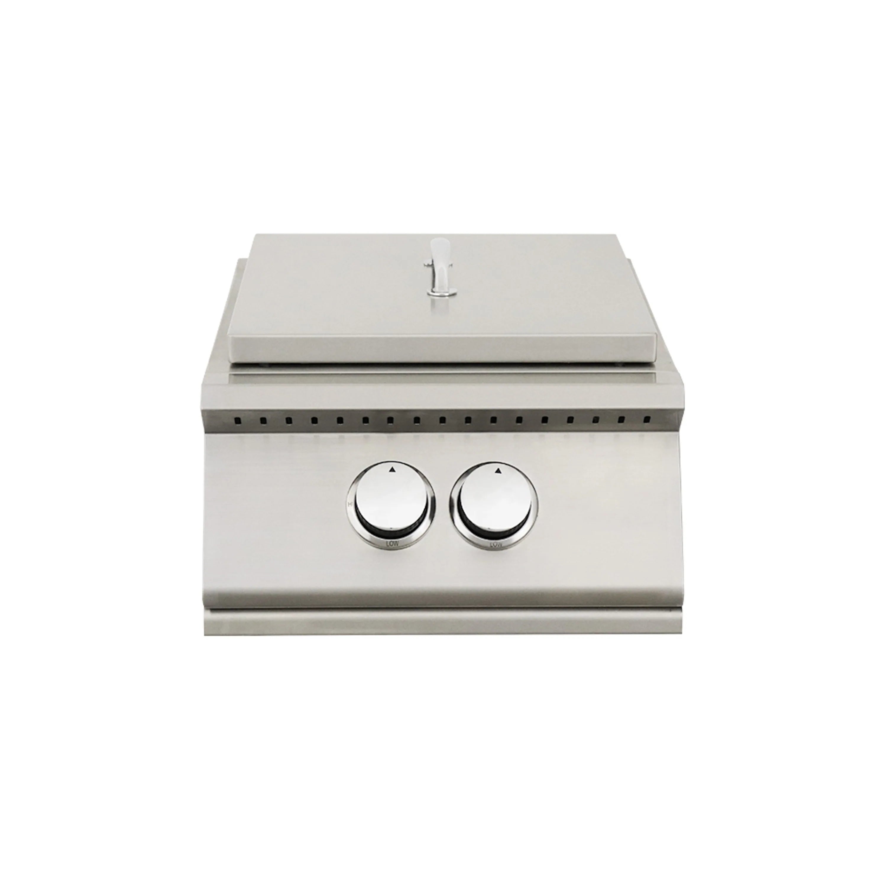 Stainless steel propane gas power burner with two front control knobs and lid