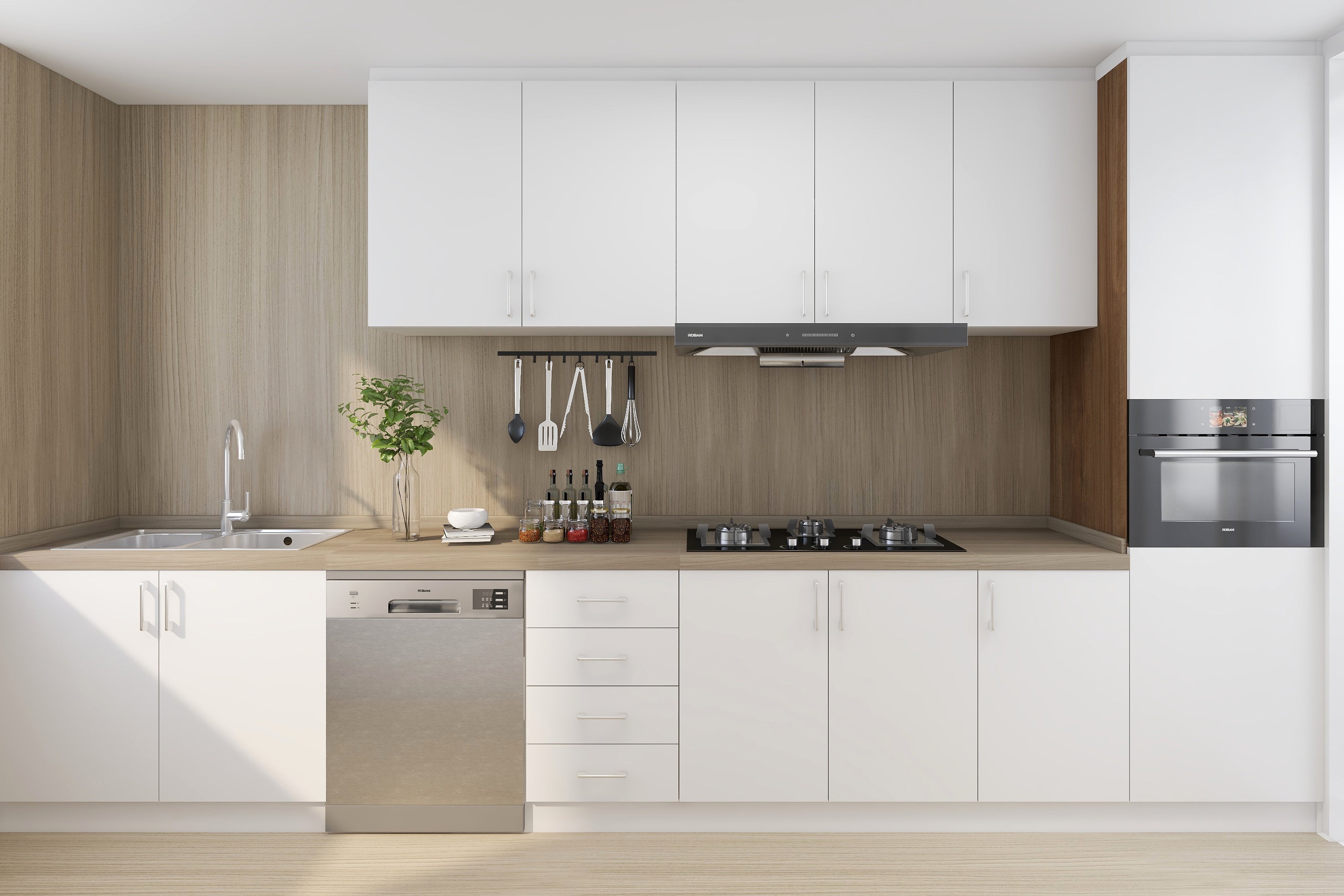 ROBAM 36-inch stainless steel range hood above a kitchen cooktop.