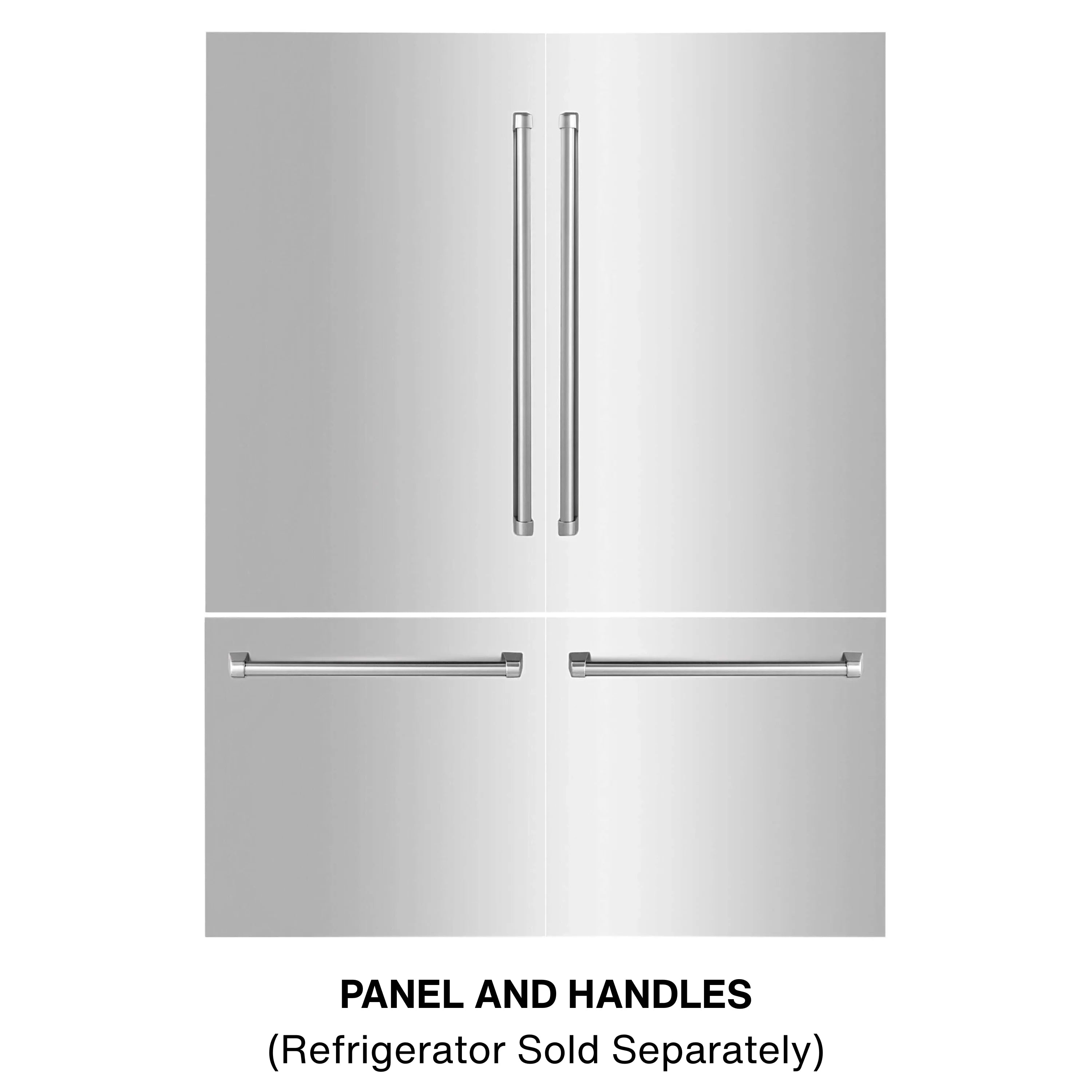 Stainless steel refrigerator panel with two vertical and two horizontal handles