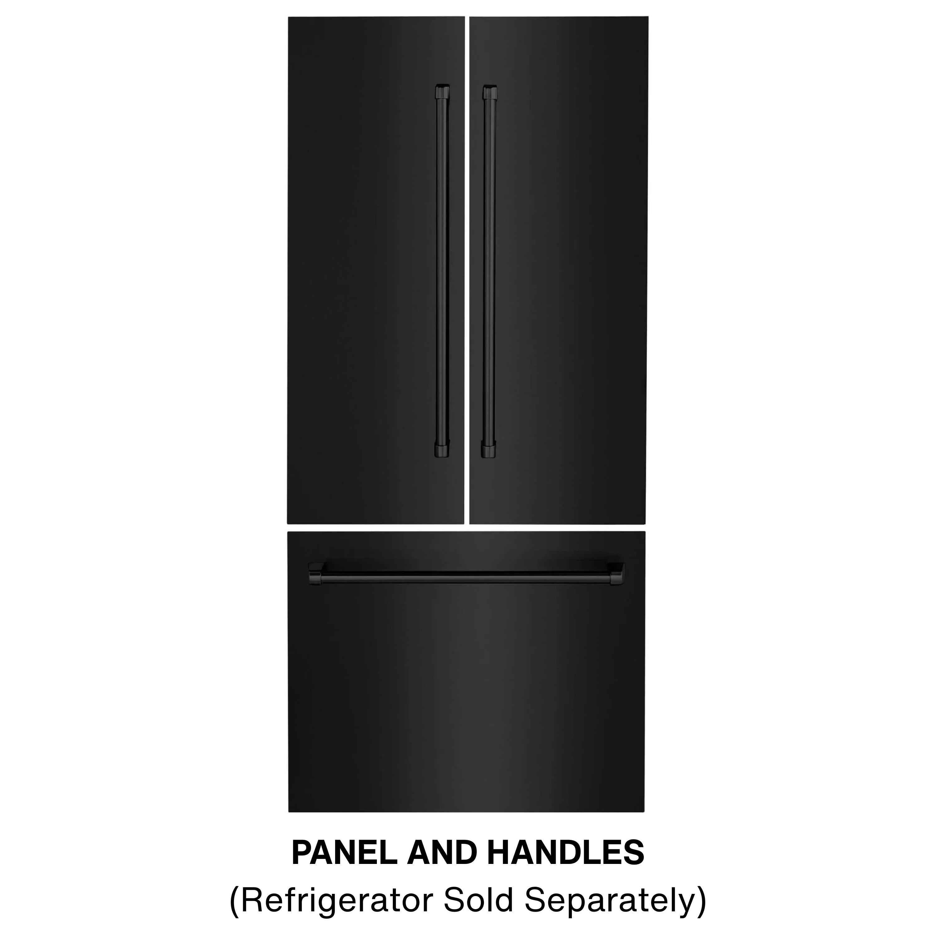 Black stainless refrigerator door panel set with vertical bar handles and bottom handle