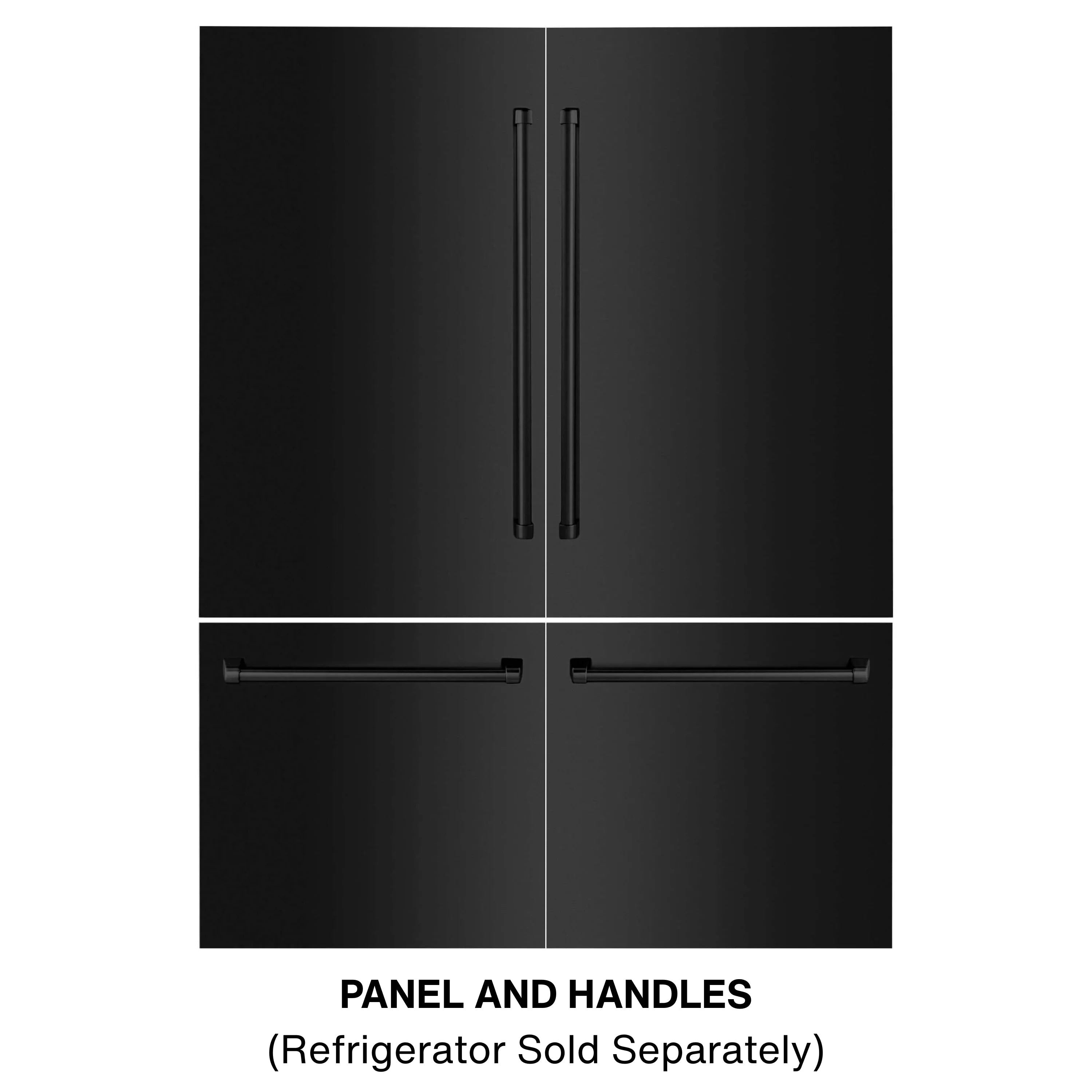 Black stainless refrigerator panels with matching vertical and horizontal bar handles